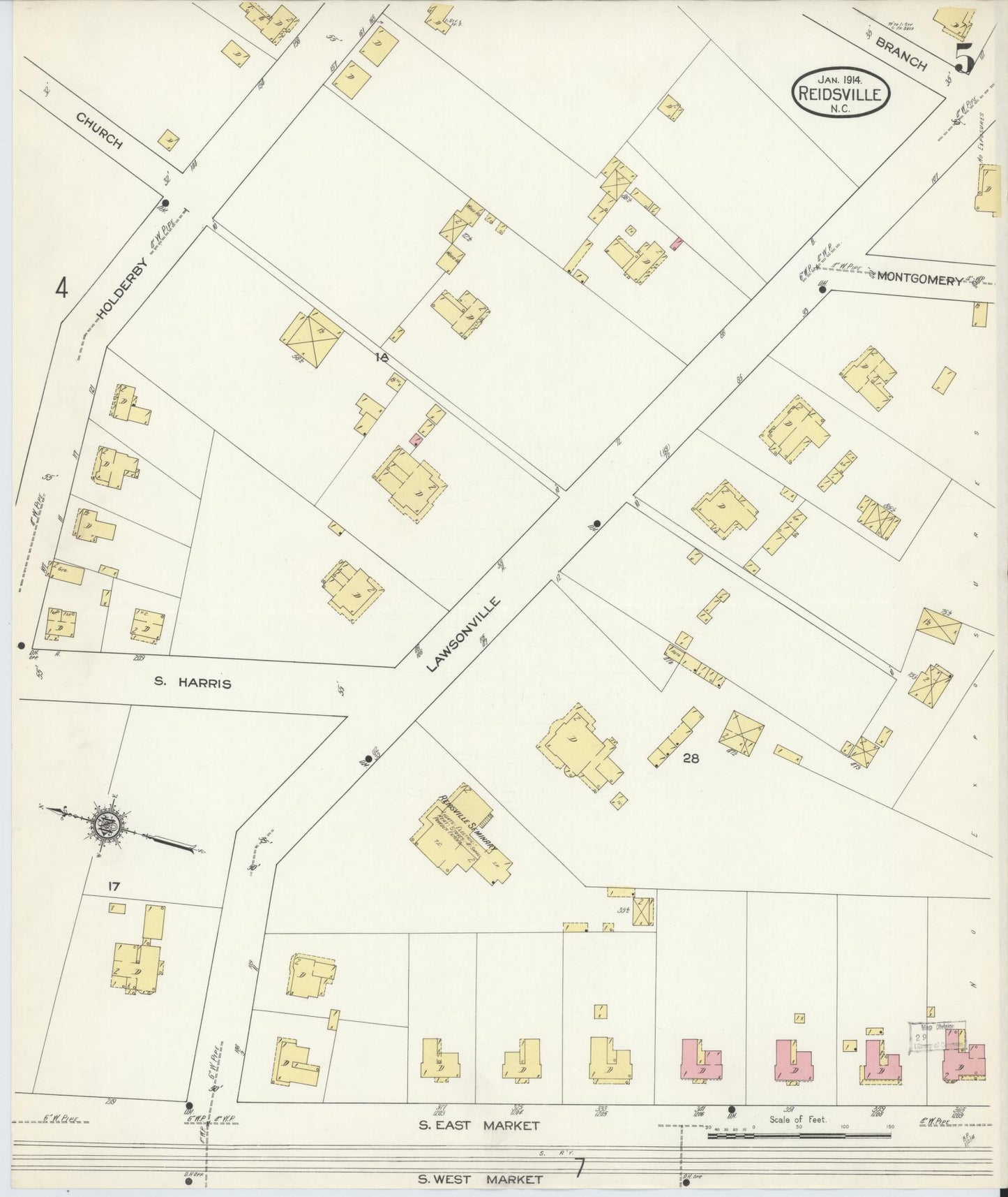Sanborn Fire Insurance Map from Reidsville, Rockingham County, North Carolina (1914), Sheet #0005 - Historic Sanborn Fire Insurance Map Print, vintage old map wall art, antique decor, genealogy gift, North Carolina North Carolina map