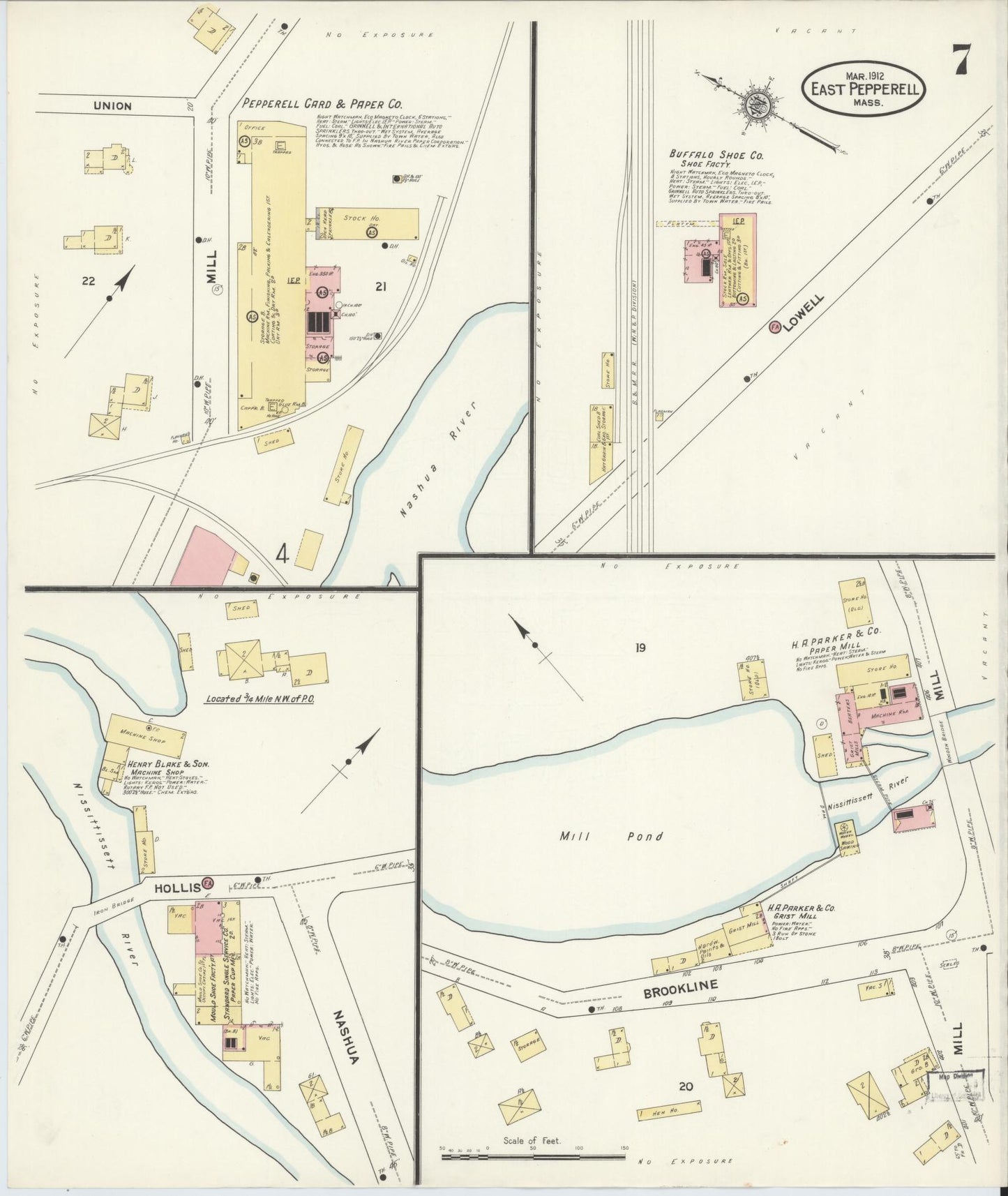 Sanborn Fire Insurance Map from East Pepperell, Middlesex County, Massachusetts (1912), Sheet #0007 - Historic Sanborn Fire Insurance Map Print, vintage old map wall art, antique decor, genealogy gift, Massachusetts Massachusetts map