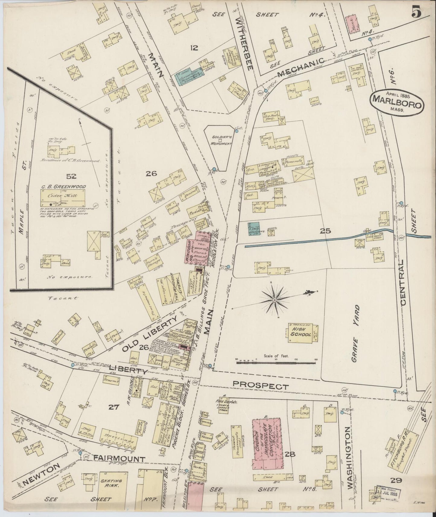 Sanborn Fire Insurance Map from Marlborough, Middlesex County, Massachusetts (1885), Sheet #0005 - Historic Sanborn Fire Insurance Map Print, vintage old map wall art, antique decor, genealogy gift, Massachusetts Massachusetts map
