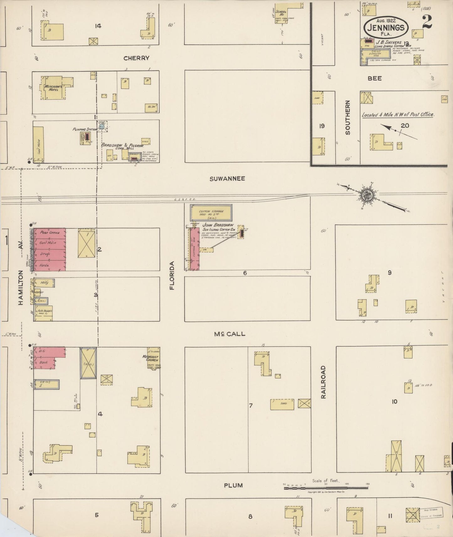 Sanborn Fire Insurance Map from Jennings, Hamilton County, Florida (1922), Sheet #0002 - Historic Sanborn Fire Insurance Map Print, vintage old map wall art, antique decor, genealogy gift, Florida Florida map