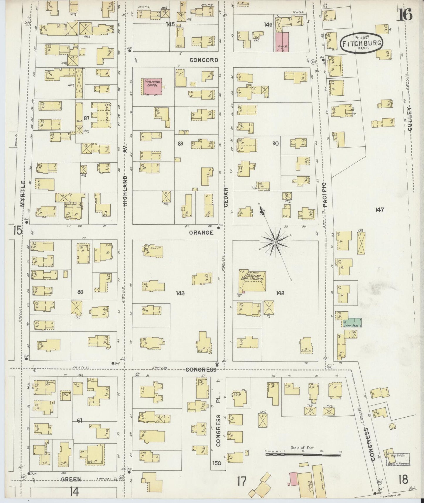 Sanborn Fire Insurance Map from Fitchburg, Worcester County, Massachusetts (1897), Sheet #0016 - Historic Sanborn Fire Insurance Map Print, vintage old map wall art, antique decor, genealogy gift, Massachusetts Massachusetts map