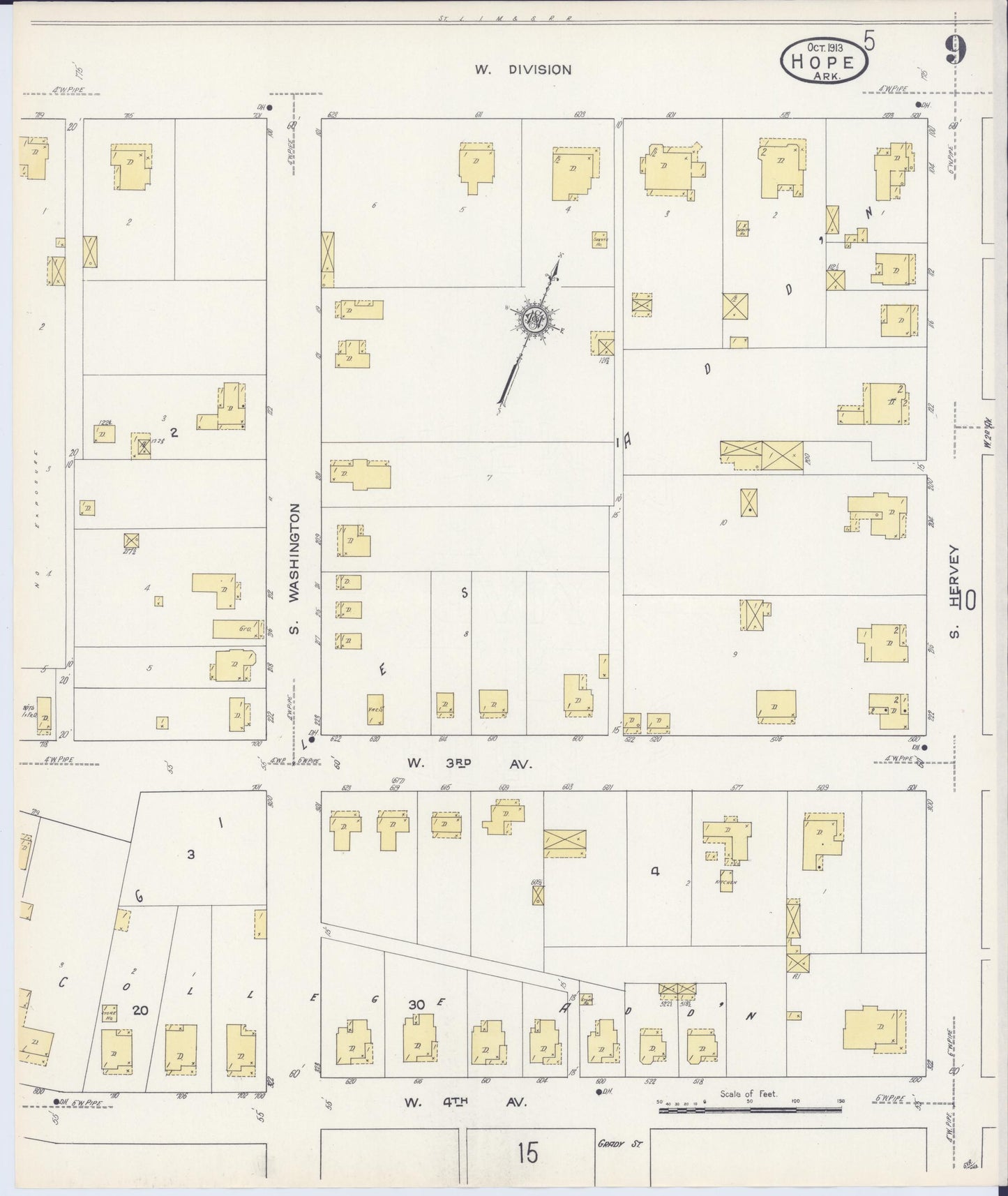 Sanborn Fire Insurance Map from Hope, Hempstead County, Arkansas (1913), Sheet #0009 - Historic Sanborn Fire Insurance Map Print, vintage old map wall art, antique decor, genealogy gift, Arkansas Arkansas map
