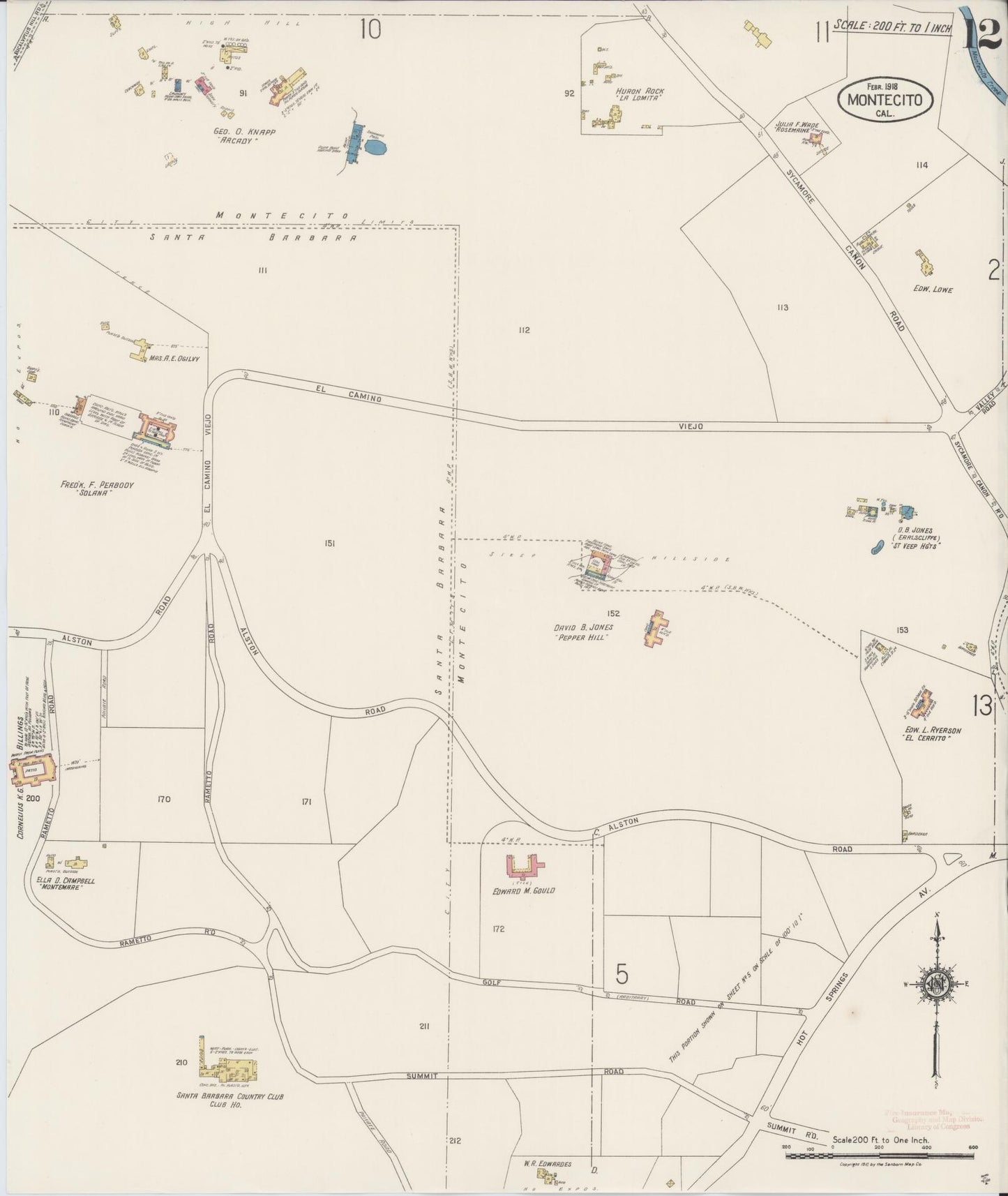 Sanborn Fire Insurance Map from Montecito, Santa Barbara County, California (1918), Sheet #0012 - Historic Sanborn Fire Insurance Map Print, vintage old map wall art, antique decor, genealogy gift, California California map