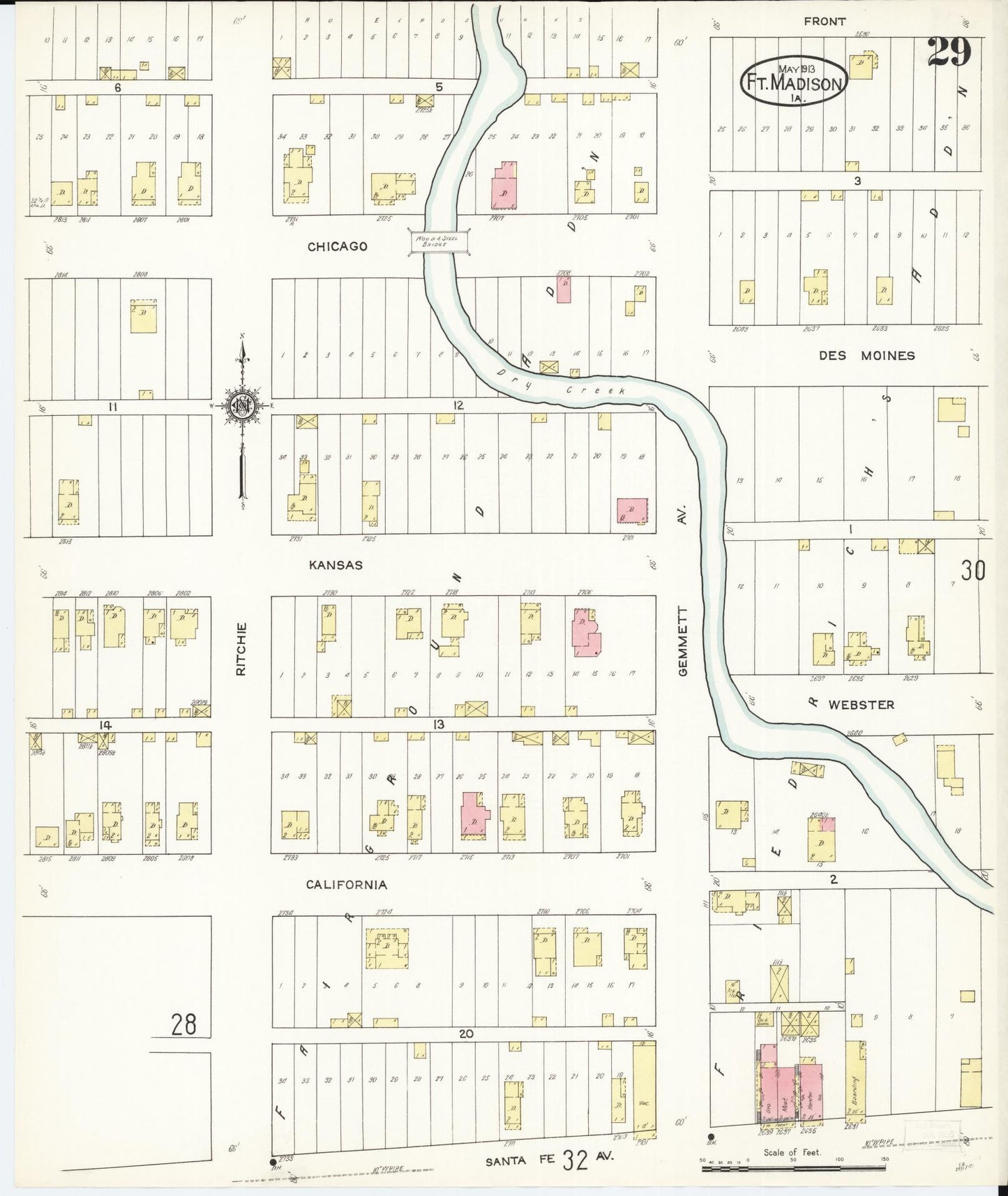Sanborn Fire Insurance Map from Fort Madison, Lee County, Iowa (1913), Sheet #0029 - Historic Sanborn Fire Insurance Map Print, vintage old map wall art