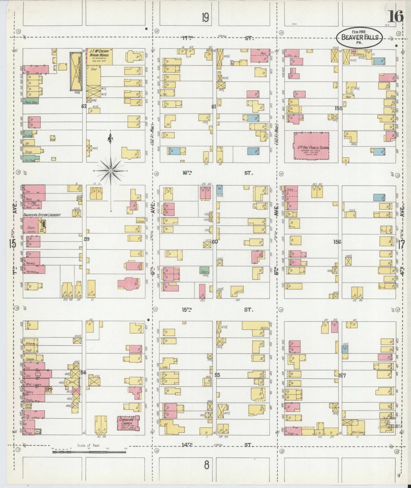 Sanborn Fire Insurance Map from Beaver Falls, Beaver County, Pennsylvania (1901), Sheet #0016 - Historic Sanborn Fire Insurance Map Print, vintage old map wall art, antique decor, genealogy gift, Pennsylvania Pennsylvania map