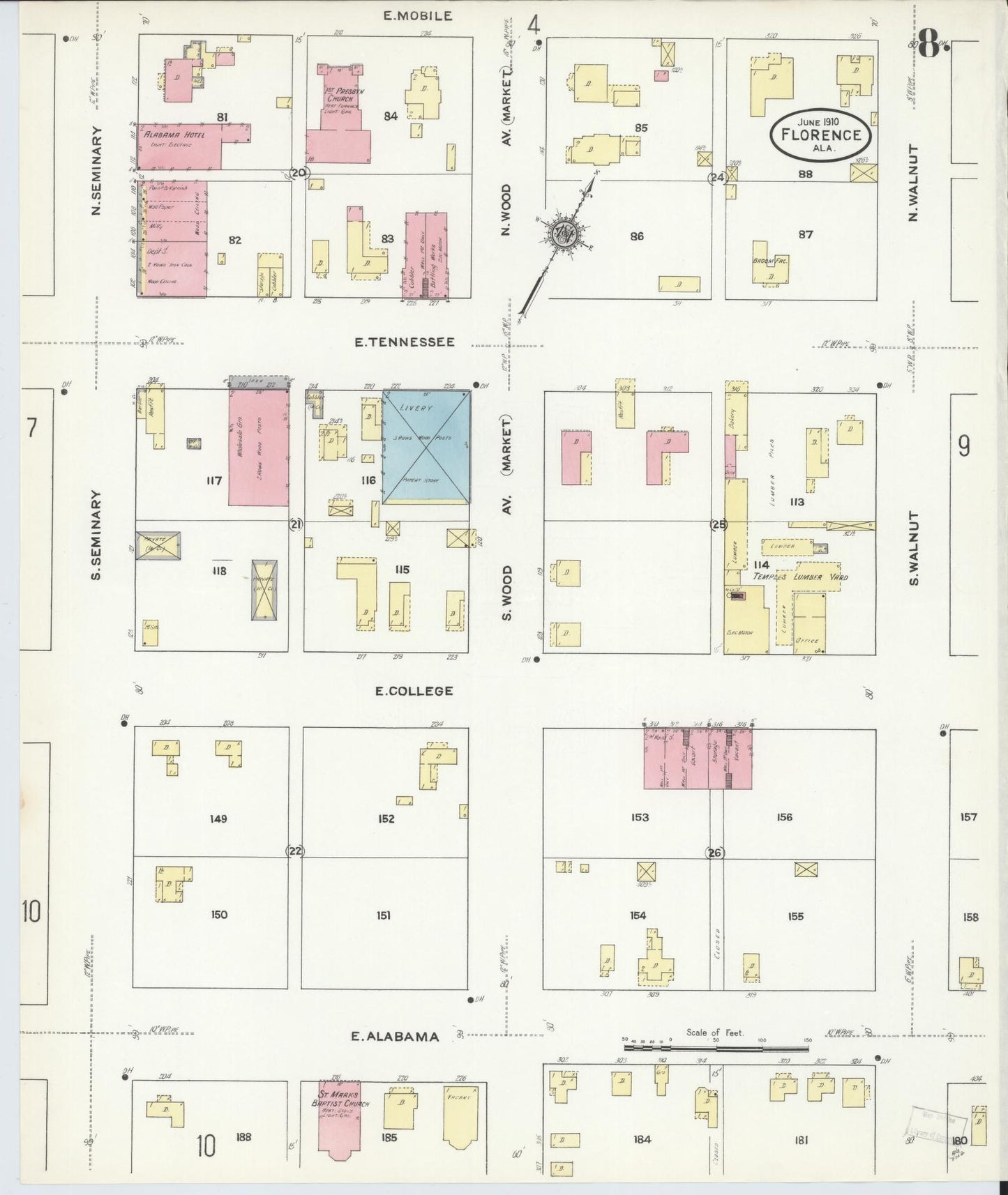 Sanborn Fire Insurance Map from Florence, Lauderdale County, Alabama (1910), Sheet #0008 - Historic Sanborn Fire Insurance Map Print, vintage old map wall art, antique decor, genealogy gift, Alabama Alabama map