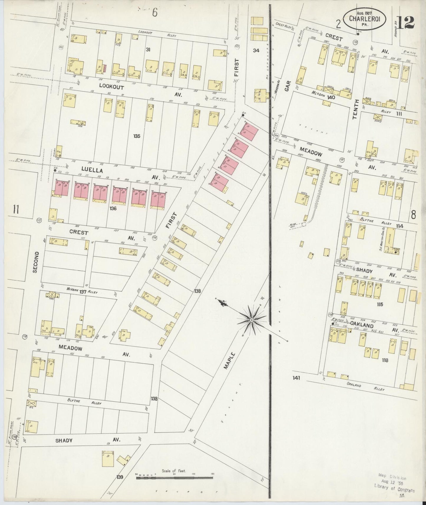 Sanborn Fire Insurance Map from Charleroi, Washington County, Pennsylvania (1907), Sheet #0012 - Historic Sanborn Fire Insurance Map Print, vintage old map wall art, antique decor, genealogy gift, Pennsylvania Pennsylvania map