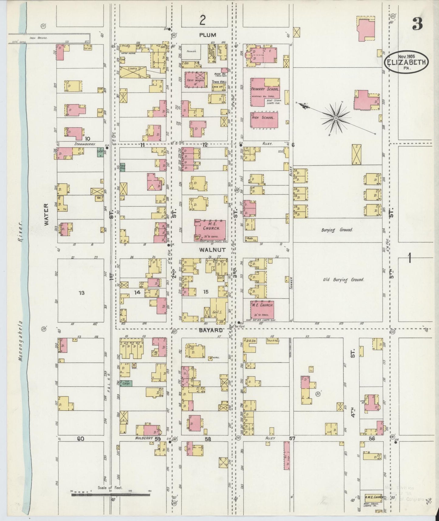 Sanborn Fire Insurance Map from Elizabeth, Allegheny County, Pennsylvania (1905), Sheet #0003 - Historic Sanborn Fire Insurance Map Print, vintage old map wall art, antique decor, genealogy gift, Pennsylvania Pennsylvania map