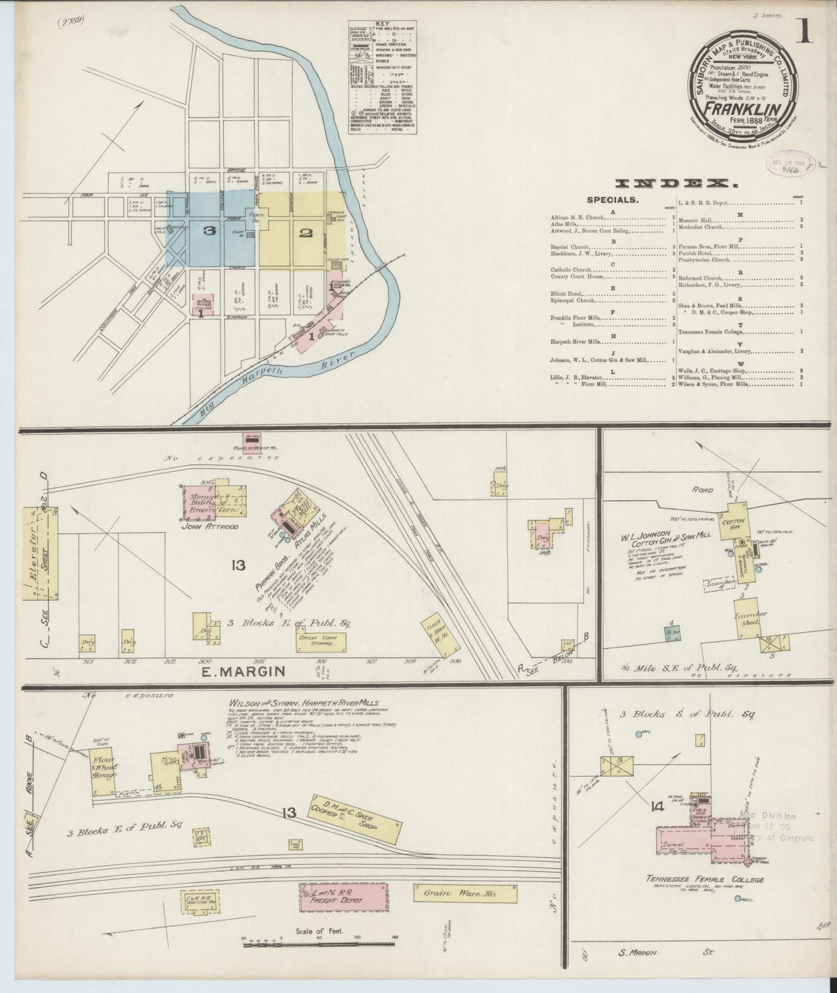 Sanborn Fire Insurance Map from Franklin, Williamson County, Tennessee (1888), Sheet #0001 - Historic Sanborn Fire Insurance Map Print, vintage old map wall art, antique decor, genealogy gift, Tennessee Tennessee map