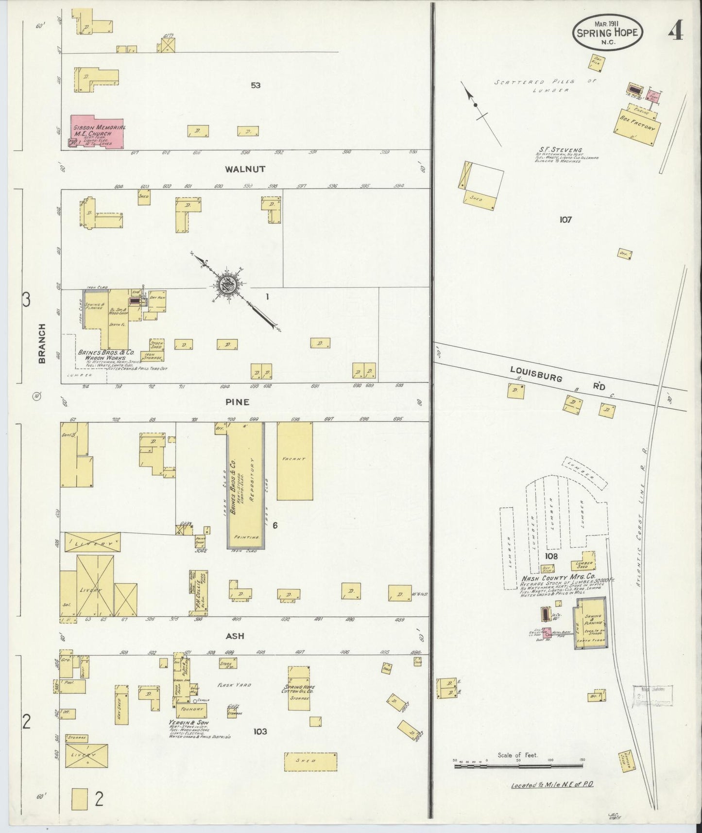 Sanborn Fire Insurance Map from Spring Hope, Nash County, North Carolina (1911), Sheet #0004 - Historic Sanborn Fire Insurance Map Print, vintage old map wall art, antique decor, genealogy gift, North Carolina North Carolina map