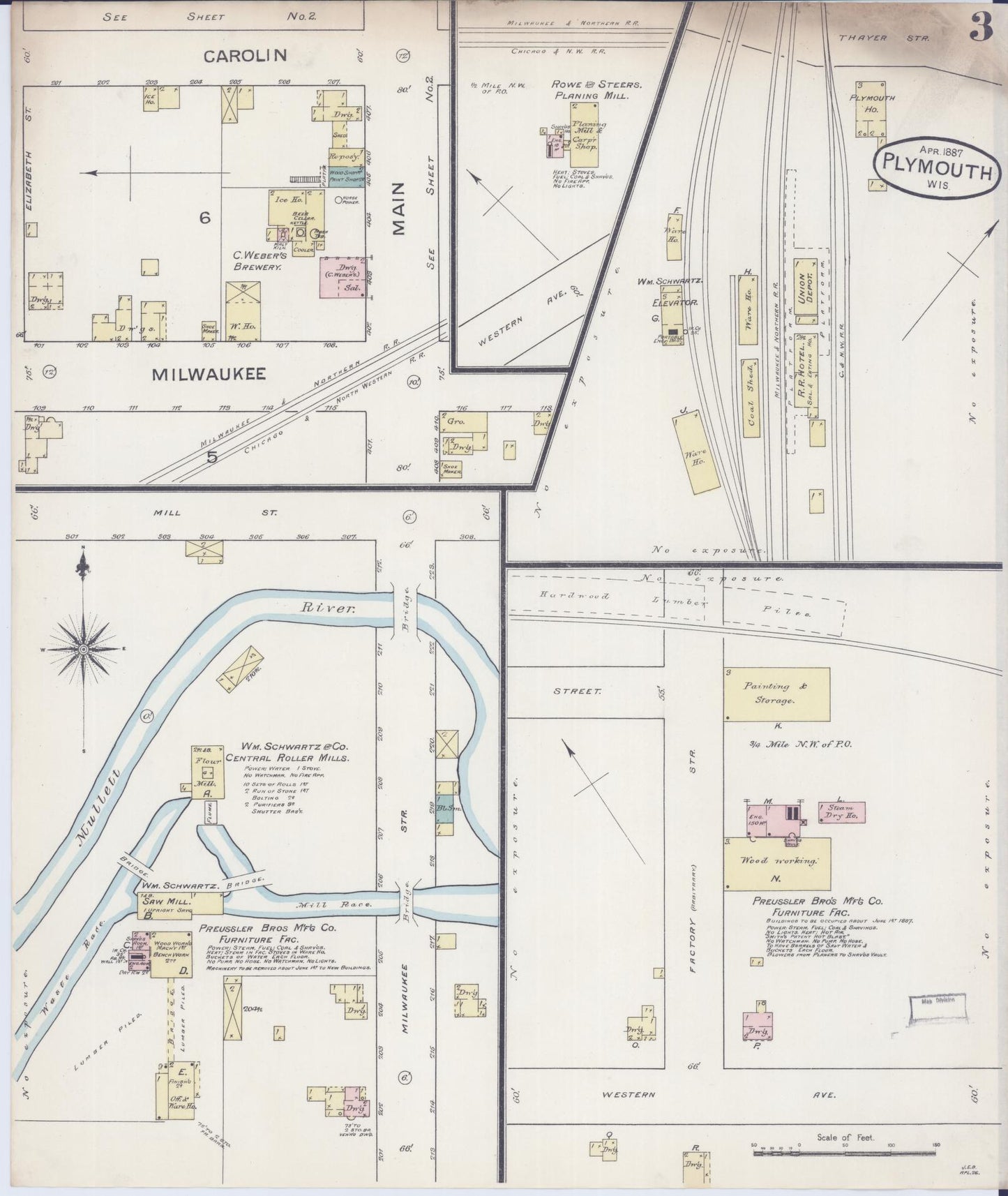 Sanborn Fire Insurance Map from Plymouth, Sheboygan County, Wisconsin (1887), Sheet #0003 - Historic Sanborn Fire Insurance Map Print, vintage old map wall art, antique decor, genealogy gift, Wisconsin Wisconsin map