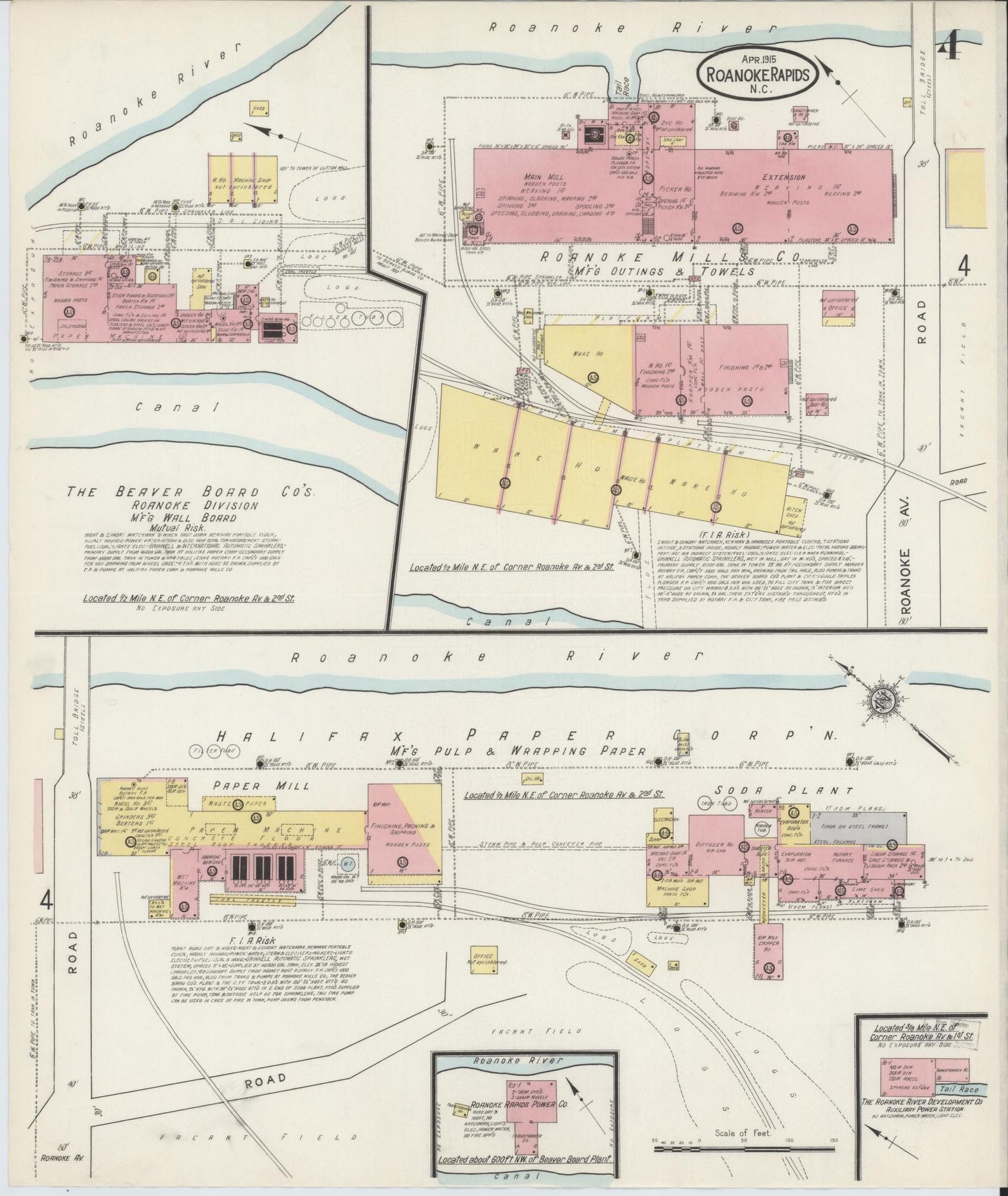 Sanborn Fire Insurance Map from Roanoke Rapids, Halifax County, North Carolina (1915), Sheet #0004 - Historic Sanborn Fire Insurance Map Print, vintage old map wall art, antique decor, genealogy gift, North Carolina North Carolina map