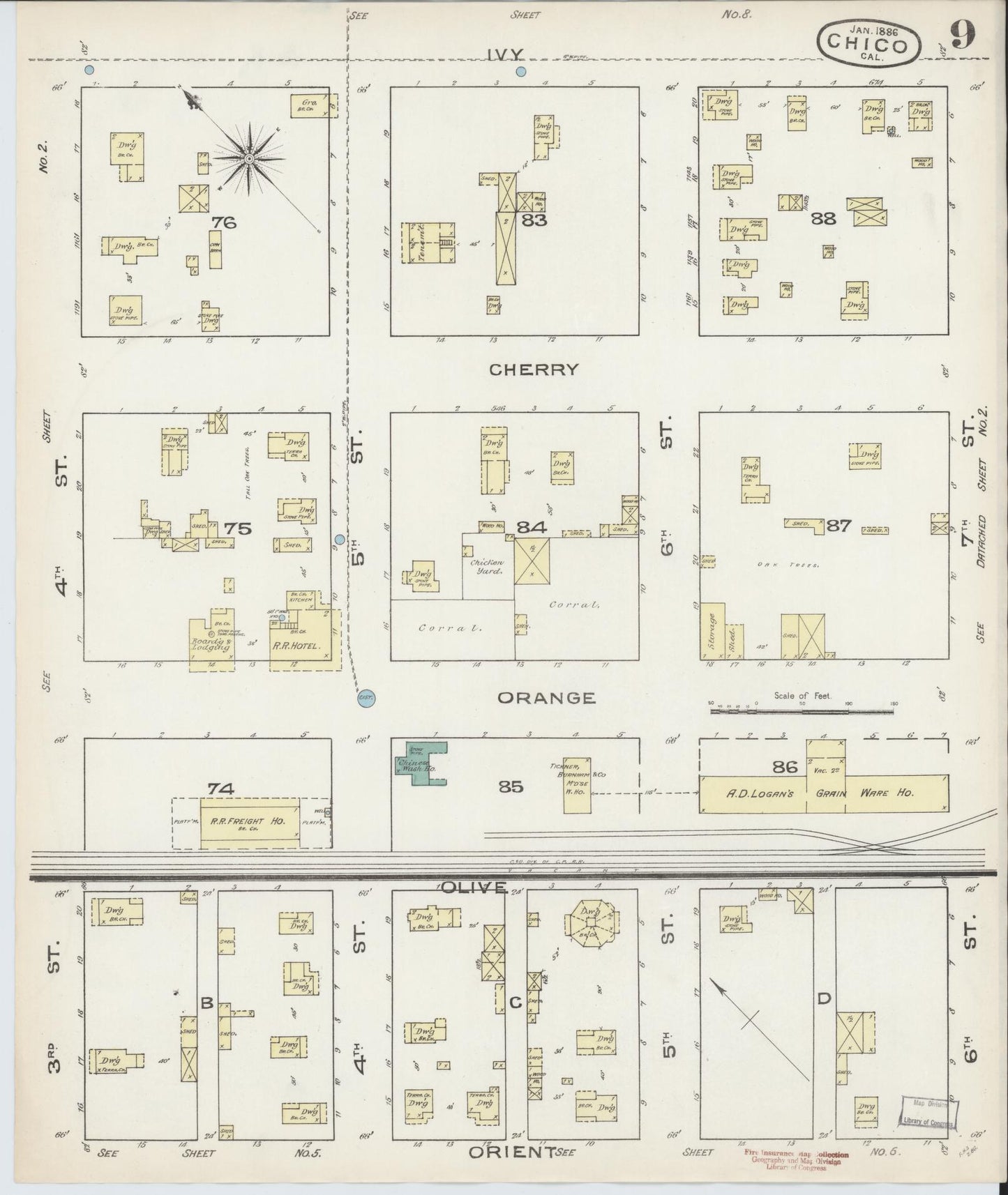 Sanborn Fire Insurance Map from Chico, Butte County, California (1886), Sheet #0009 - Historic Sanborn Fire Insurance Map Print, vintage old map wall art, antique decor, genealogy gift, California California map