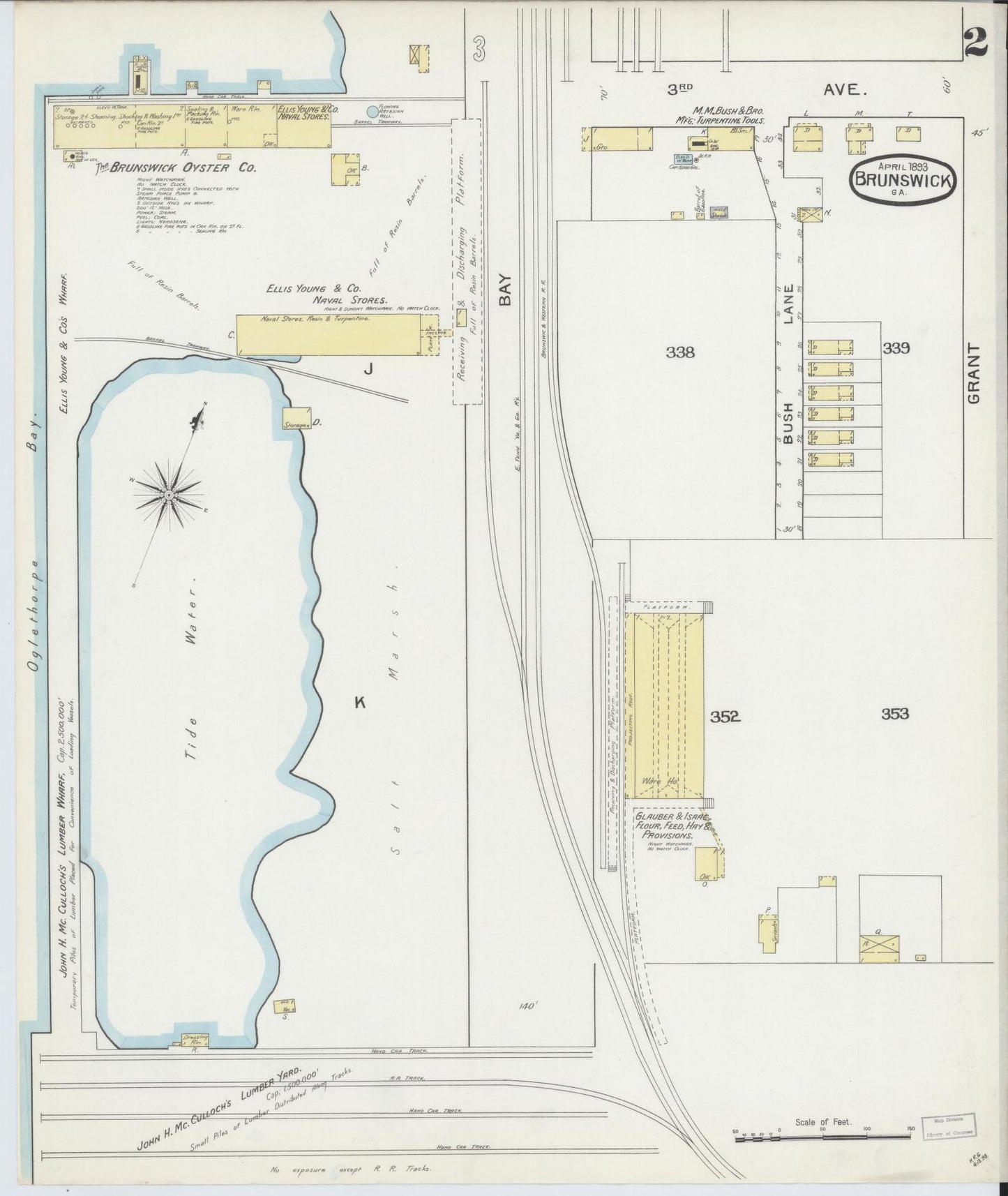 Sanborn Fire Insurance Map from Brunswick, Glynn County, Georgia (1893), Sheet #0002 - Historic Sanborn Fire Insurance Map Print, vintage old map wall art, antique decor, genealogy gift, Georgia Georgia map
