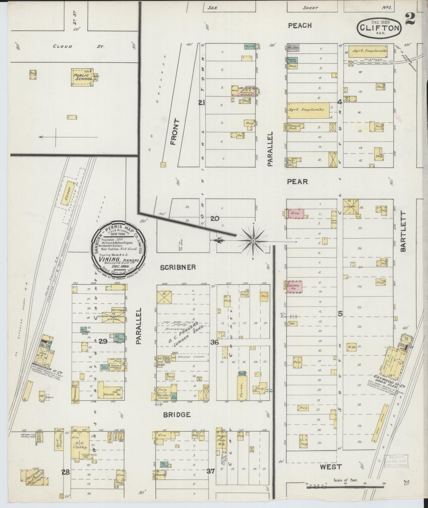 Sanborn Fire Insurance Map from Clifton, Washington and Clay Counties, Kansas (1889), Sheet #0002 - Complete Map Set gallery image, historic Sanborn map, vintage wall art, Kansas Kansas