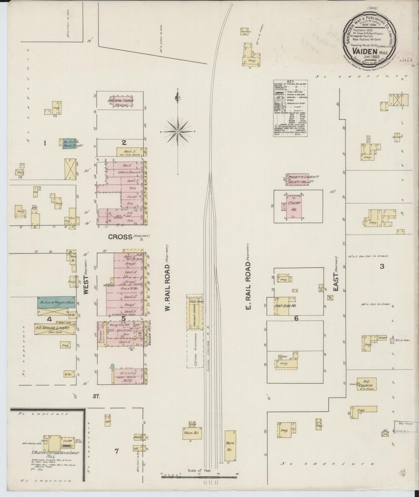 Sanborn Fire Insurance Map from Vaiden, Carroll County, Mississippi (1889), Sheet #0001 - Historic Sanborn Fire Insurance Map Print, vintage old map wall art, antique decor, genealogy gift, Mississippi Mississippi map