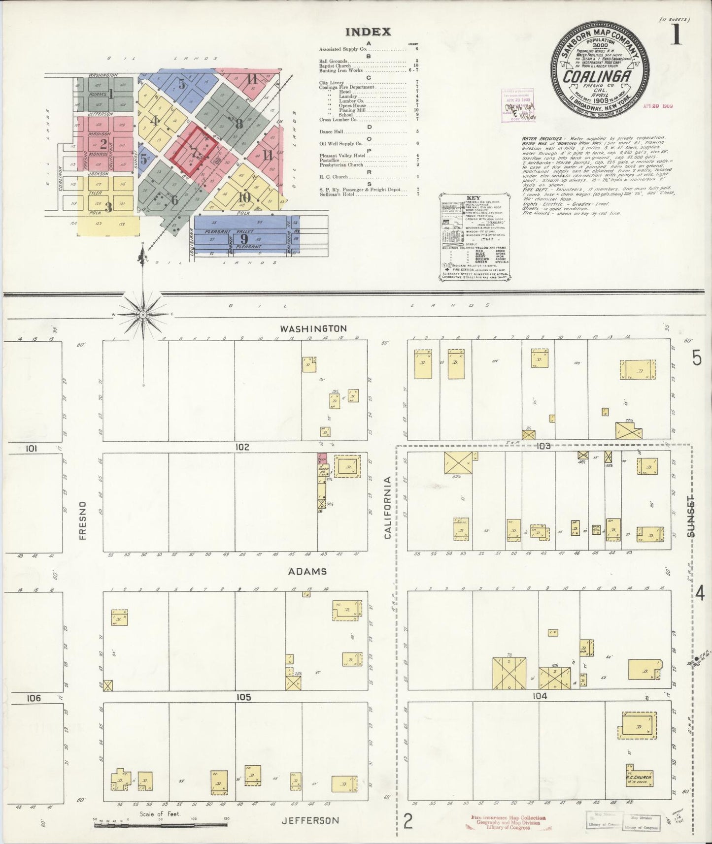 Sanborn Fire Insurance Map from Coalinga, Fresno County, California (1909), Sheet #0001 - Historic Sanborn Fire Insurance Map Print, vintage old map wall art, antique decor, genealogy gift, California California map