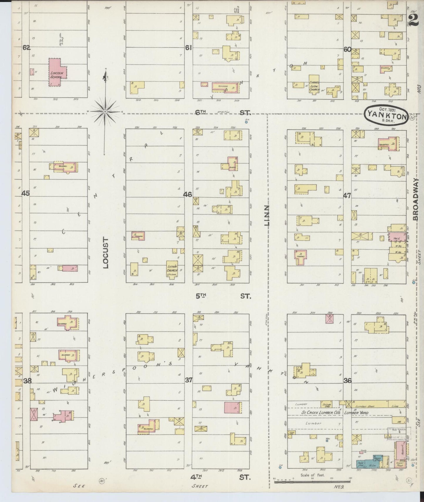 Sanborn Fire Insurance Map from Yankton, Yankton County, South Dakota (1891), Sheet #0002 - Historic Sanborn Fire Insurance Map Print, vintage old map wall art, antique decor, genealogy gift, South Dakota South Dakota map