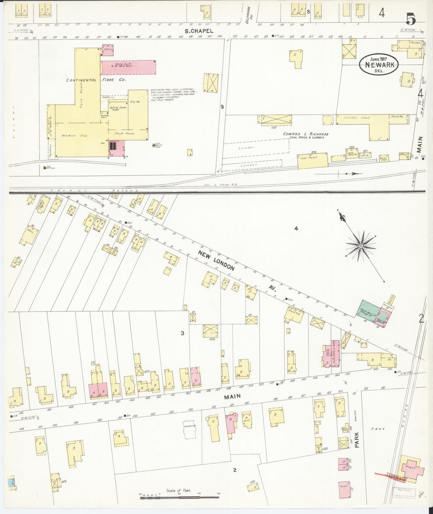 Sanborn Fire Insurance Map from Newark, New Castle County, Delaware (1907), Sheet #0005 - Complete Map Set gallery image, historic Sanborn map, vintage wall art, Delaware Delaware
