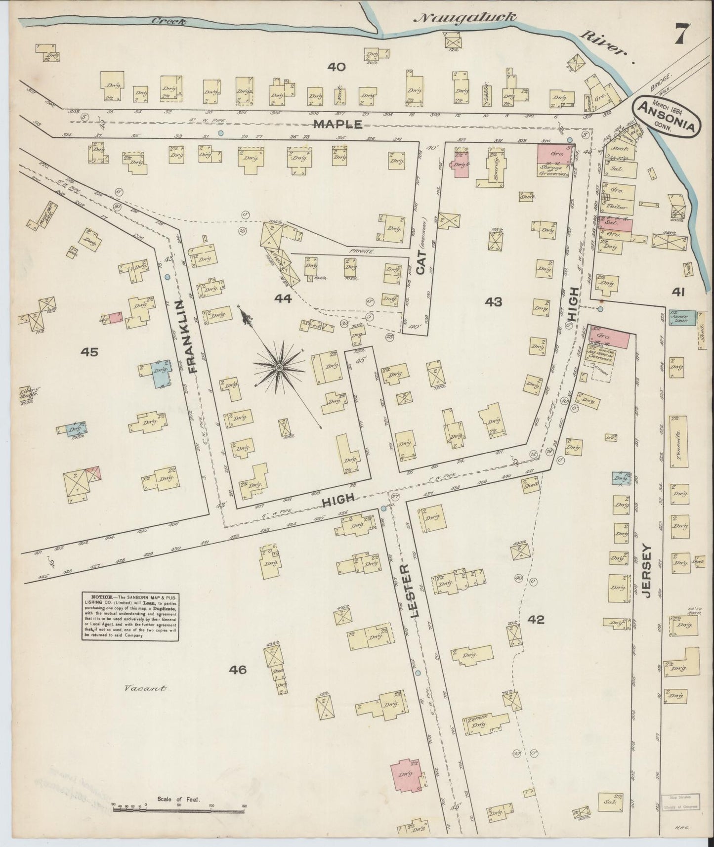 Sanborn Fire Insurance Map from Ansonia, New Haven County, Connecticut (1884), Sheet #0007 - Historic Sanborn Fire Insurance Map Print, vintage old map wall art, antique decor, genealogy gift, Connecticut Connecticut map