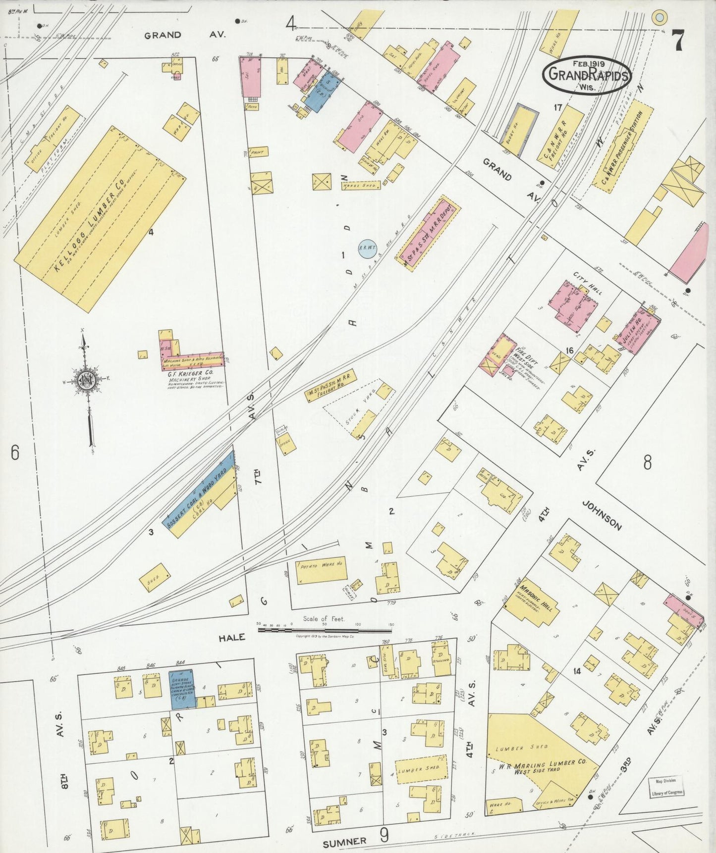 Sanborn Fire Insurance Map from Grand Rapids, Wood County, Wisconsin (1919), Sheet #0007 - Historic Sanborn Fire Insurance Map Print, vintage old map wall art, antique decor, genealogy gift, Wisconsin Wisconsin map