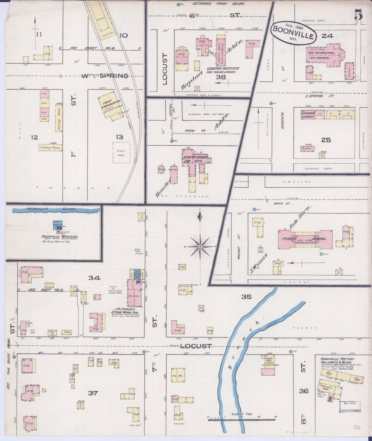 Sanborn Fire Insurance Map from Boonville, Cooper County, Missouri (1885), Sheet #0005 - Historic Sanborn Fire Insurance Map Print, vintage old map wall art, antique decor, genealogy gift, Missouri Missouri map