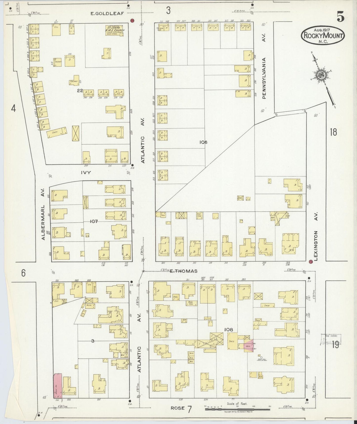 Sanborn Fire Insurance Map from Rocky Mount, Edgecombe And Nash Counties, North Carolina (1917), Sheet #0005 - Historic Sanborn Fire Insurance Map Print, vintage old map wall art, antique decor, genealogy gift, North Carolina North Carolina map