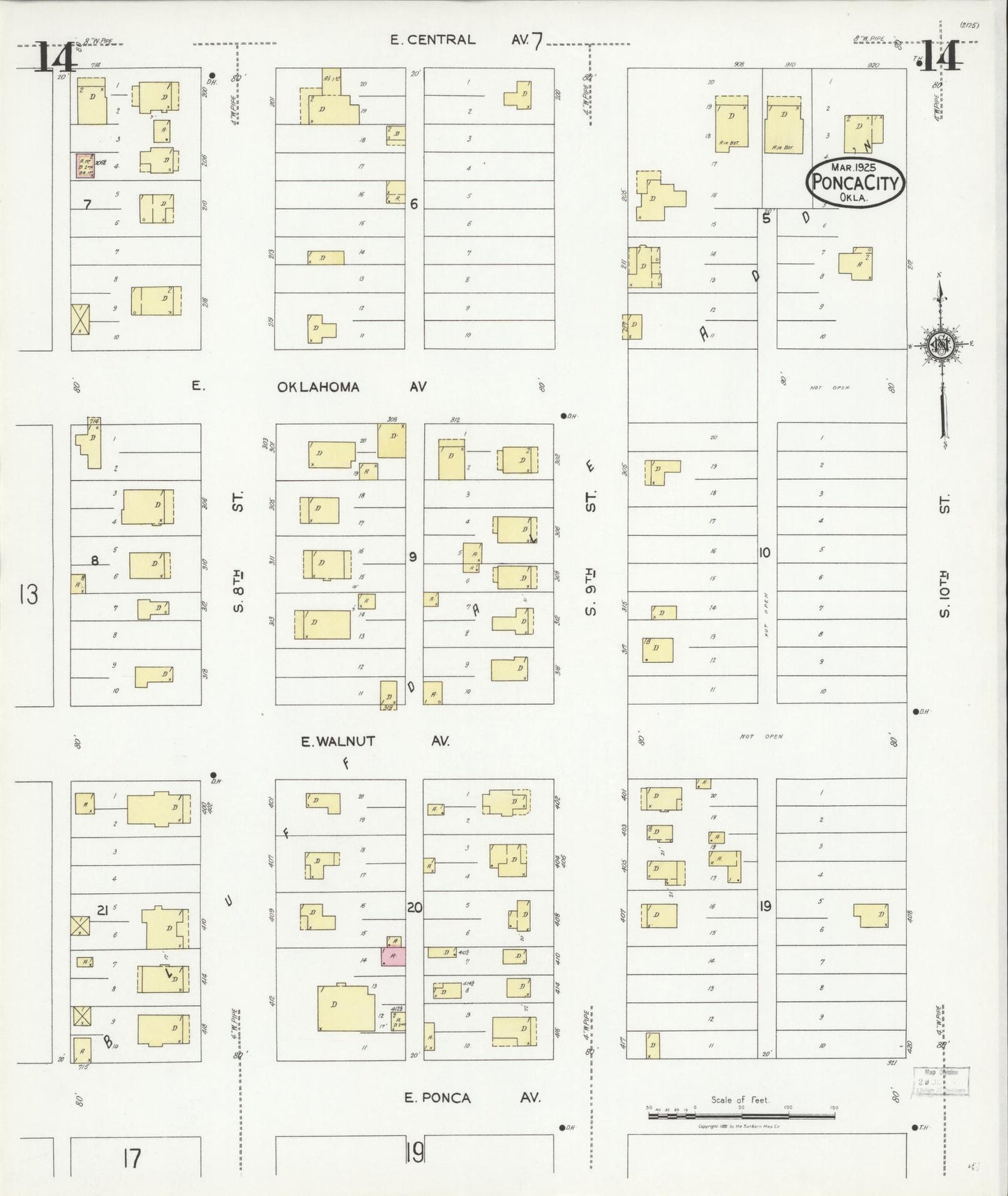 Sanborn Fire Insurance Map from Ponca City, Kay County, Oklahoma (1925), Sheet #0014 - Historic Sanborn Fire Insurance Map Print, vintage old map wall art, antique decor, genealogy gift, Oklahoma Oklahoma map