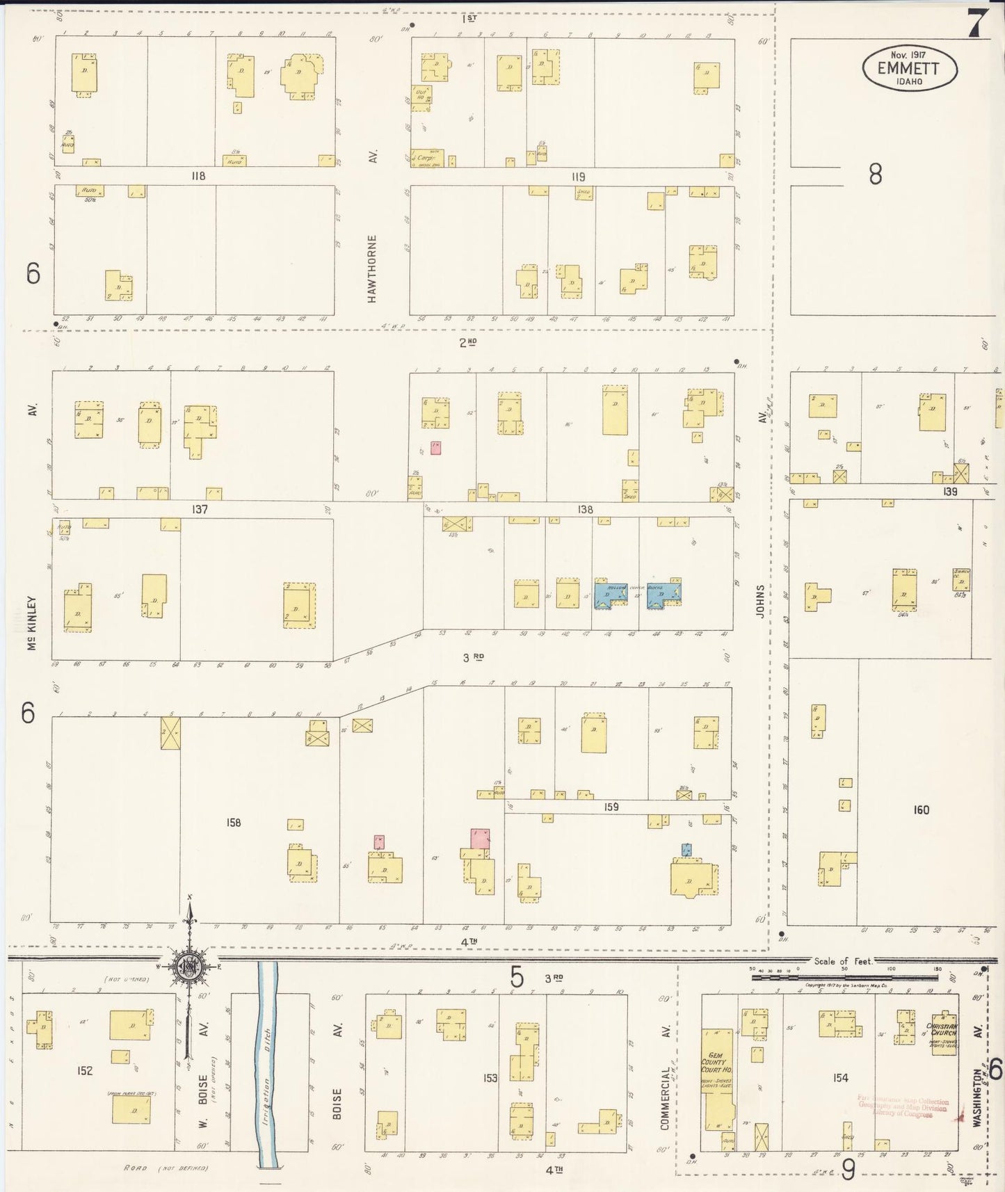 Sanborn Fire Insurance Map from Emmett, Gem County, Idaho (1917), Sheet #0007 - Historic Sanborn Fire Insurance Map Print, vintage old map wall art, antique decor, genealogy gift, Idaho Idaho map