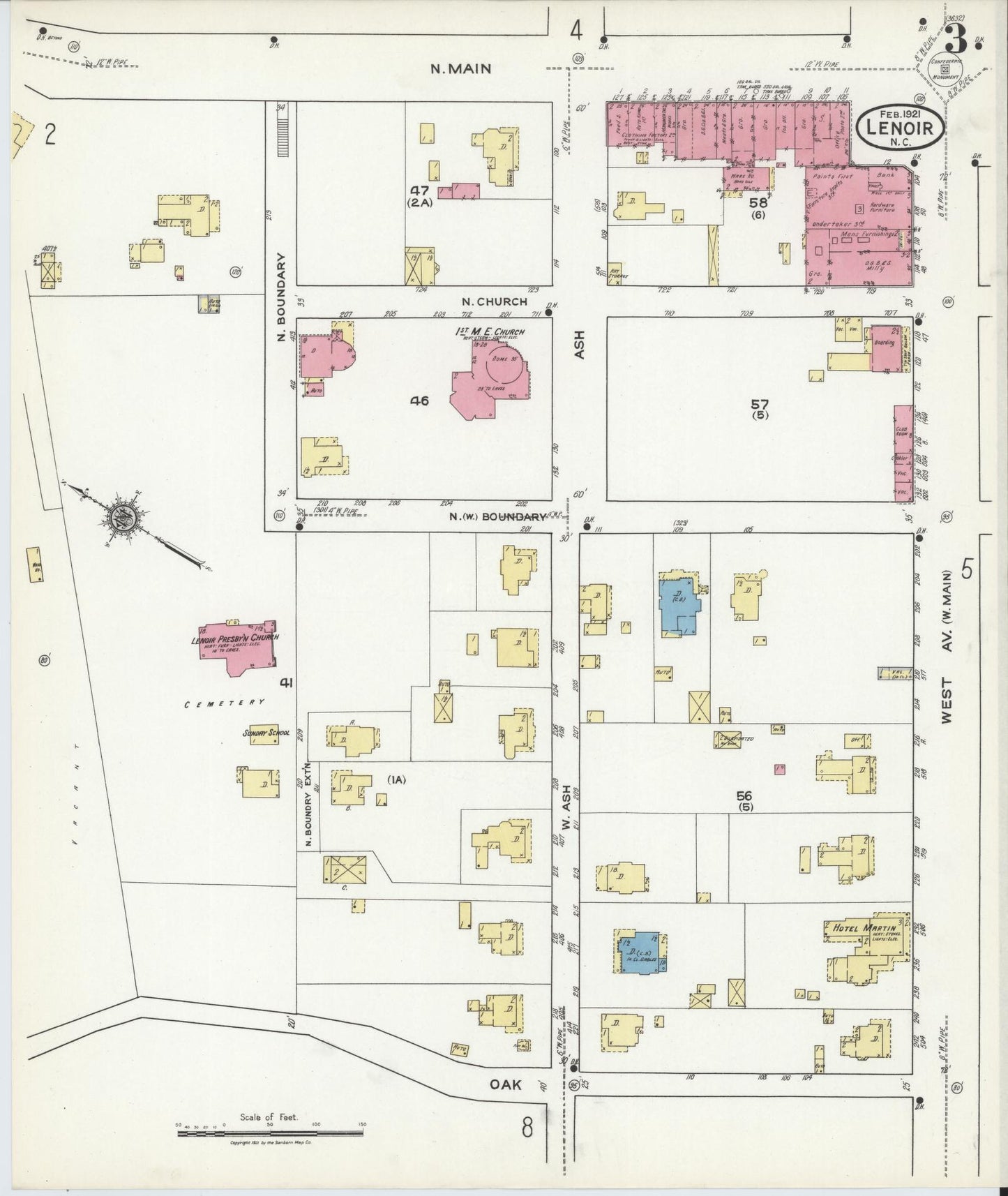 Sanborn Fire Insurance Map from Lenoir, Caldwell County, North Carolina (1921), Sheet #0003 - Historic Sanborn Fire Insurance Map Print, vintage old map wall art, antique decor, genealogy gift, North Carolina North Carolina map