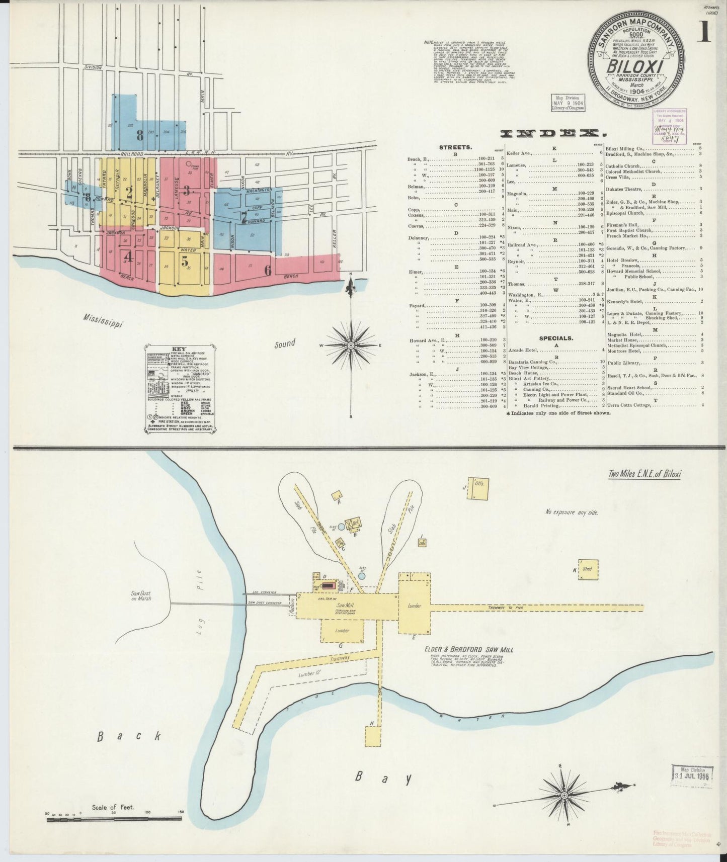 Sanborn Fire Insurance Map from Biloxi, Harrison County, Mississippi (1904), Sheet #0001 - Historic Sanborn Fire Insurance Map Print, vintage old map wall art, antique decor, genealogy gift, Mississippi Mississippi map