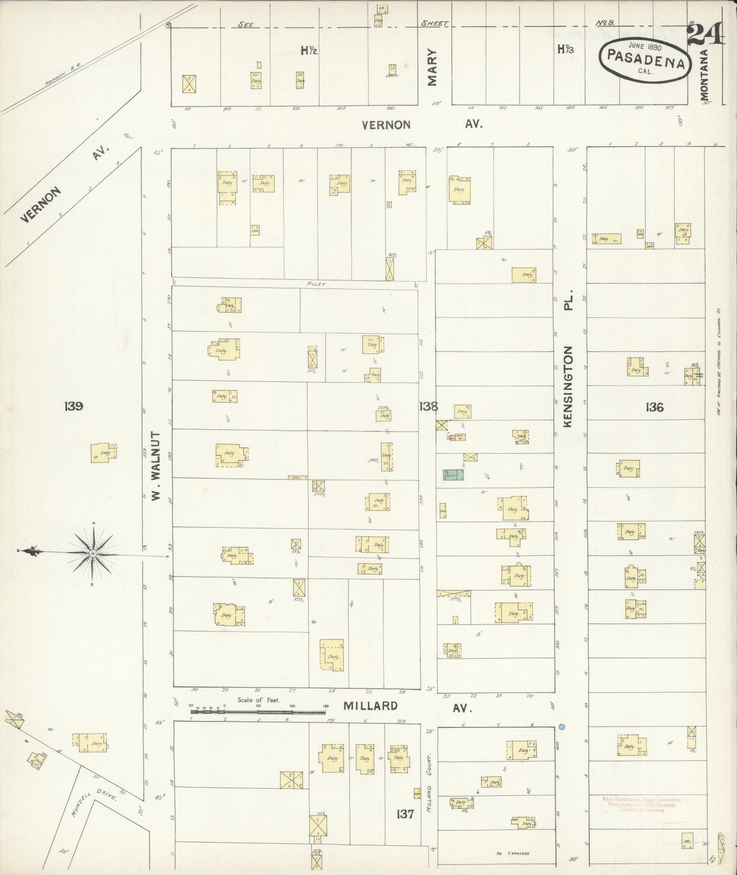 Sanborn Fire Insurance Map from Pasadena, Los Angeles County, California (1890), Sheet #0024 - Complete Map Set gallery image, historic Sanborn map, vintage wall art, California California