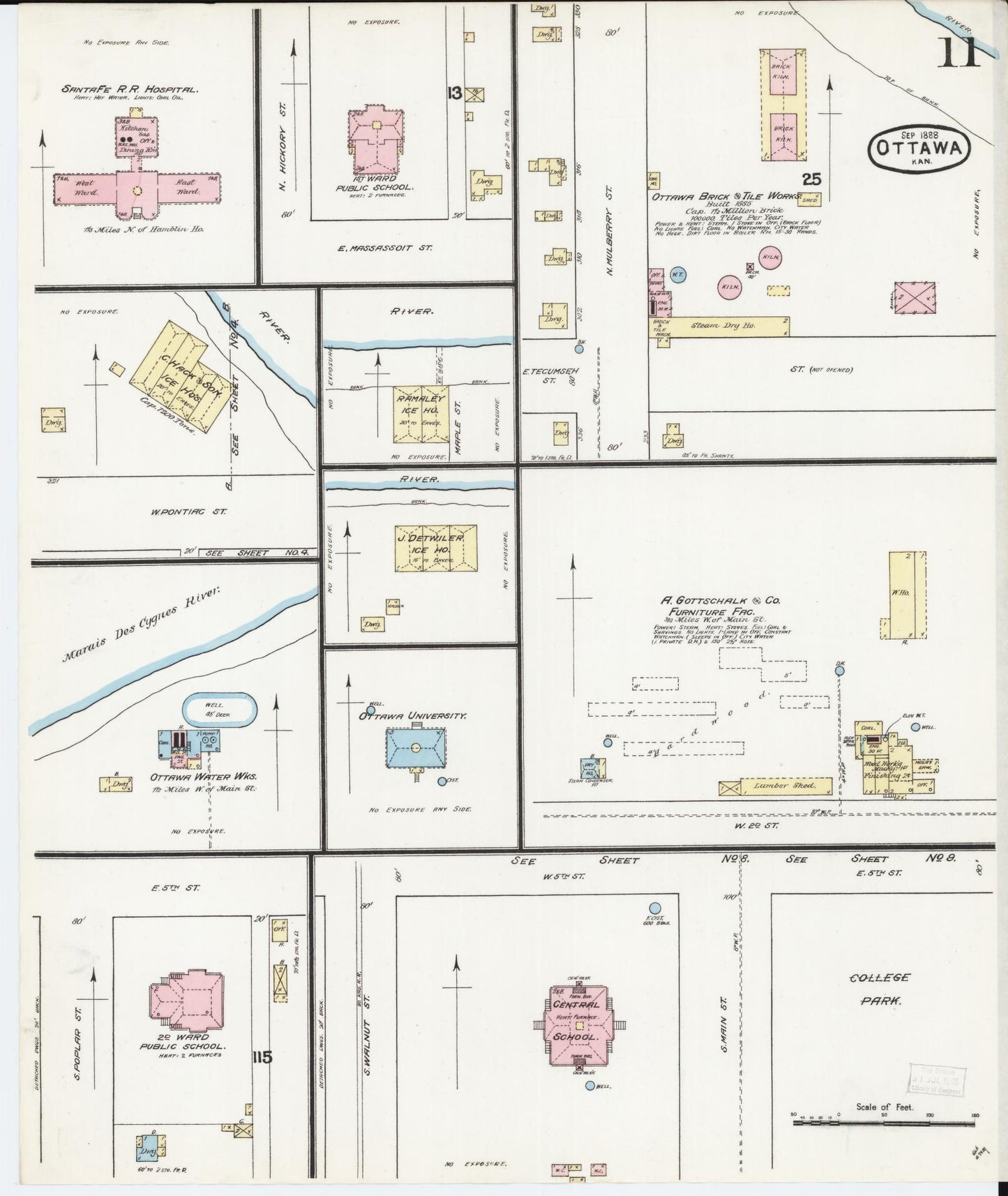 Sanborn Fire Insurance Map from Ottawa, Franklin County, Kansas (1888), Sheet #0011 - Historic Sanborn Fire Insurance Map Print, vintage old map wall art, antique decor, genealogy gift, Kansas Kansas map