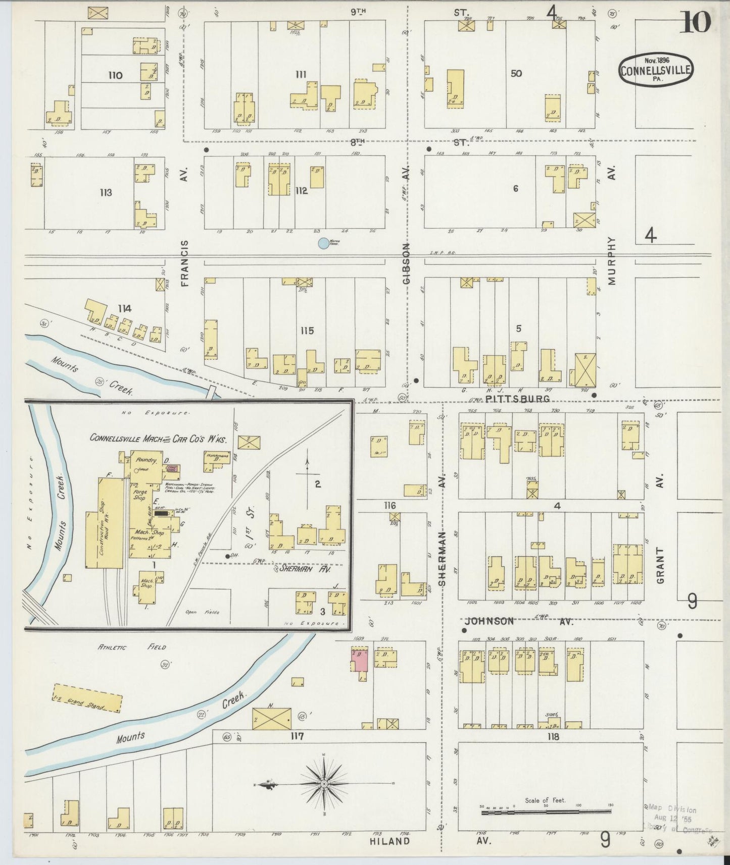 Sanborn Fire Insurance Map from Connellsville, Fayette County, Pennsylvania (1896), Sheet #0010 - Historic Sanborn Fire Insurance Map Print, vintage old map wall art, antique decor, genealogy gift, Pennsylvania Pennsylvania map