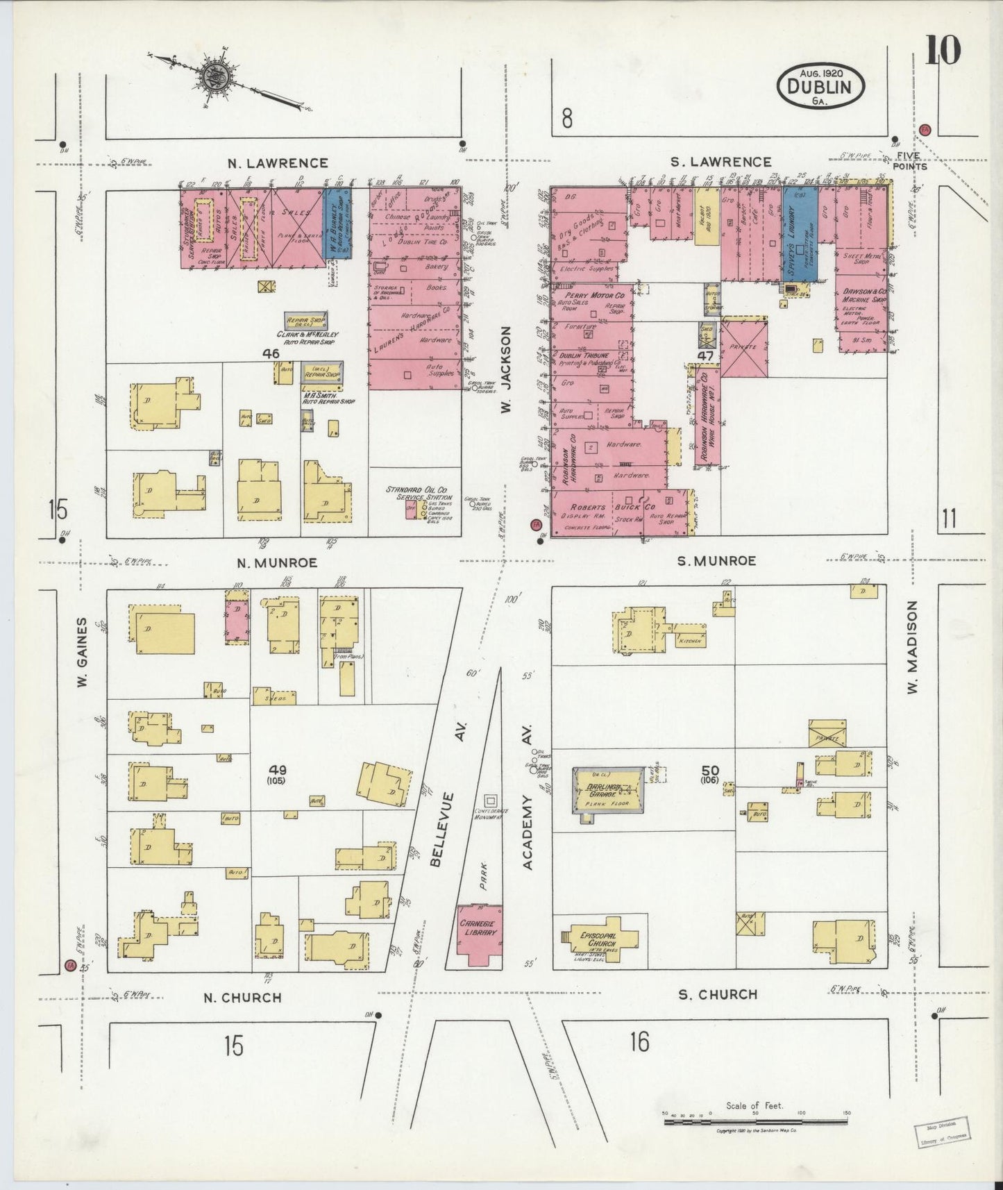 Sanborn Fire Insurance Map from Dublin, Laurens County, Georgia (1920), Sheet #0010 - Historic Sanborn Fire Insurance Map Print, vintage old map wall art, antique decor, genealogy gift, Georgia Georgia map