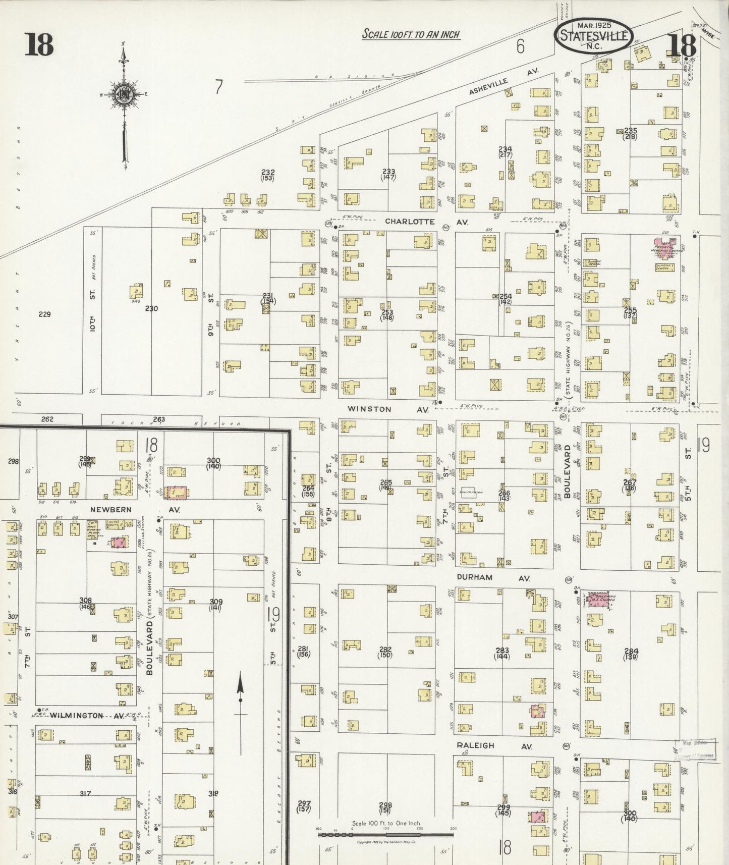 Sanborn Fire Insurance Map from Statesville, Iredell County, North Carolina (1925), Sheet #0018 - Historic Sanborn Fire Insurance Map Print, vintage old map wall art, antique decor, genealogy gift, North Carolina North Carolina map