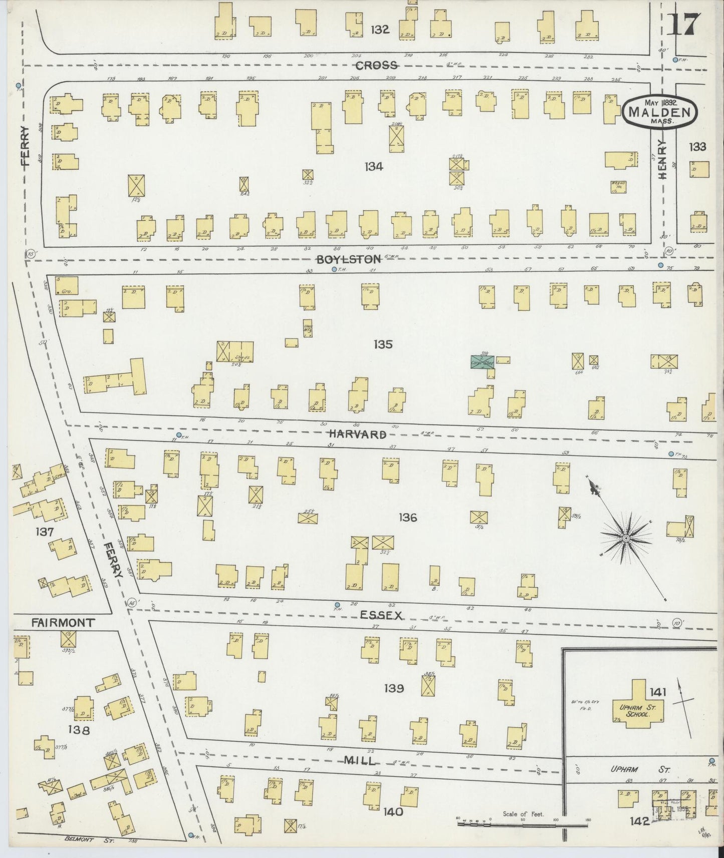 Sanborn Fire Insurance Map from Malden, Middlesex County, Massachusetts (1892), Sheet #0017 - Historic Sanborn Fire Insurance Map Print, vintage old map wall art, antique decor, genealogy gift, Massachusetts Massachusetts map
