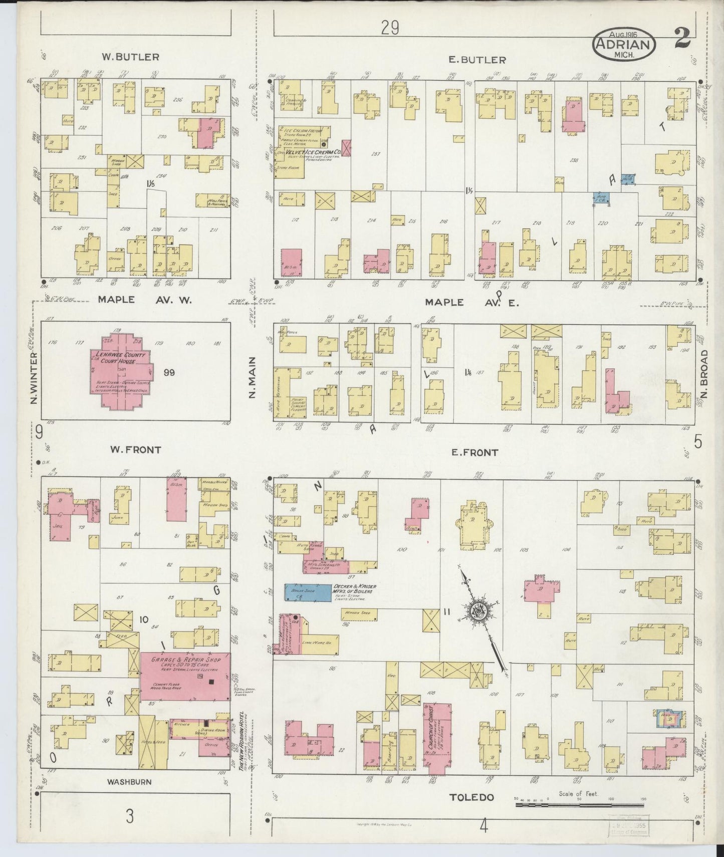 Sanborn Fire Insurance Map from Adrian, Lenawee County, Michigan (1916), Sheet #0002 - Historic Sanborn Fire Insurance Map Print, vintage old map wall art, antique decor, genealogy gift, Michigan Michigan map