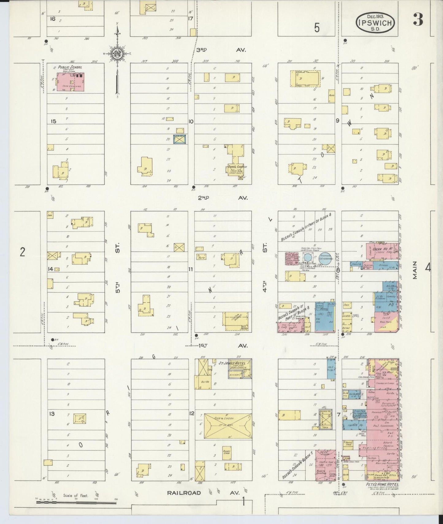 Sanborn Fire Insurance Map from Ipswich, Edmunds County, South Dakota (1913), Sheet #0003 - Historic Sanborn Fire Insurance Map Print, vintage old map wall art, antique decor, genealogy gift, South Dakota South Dakota map