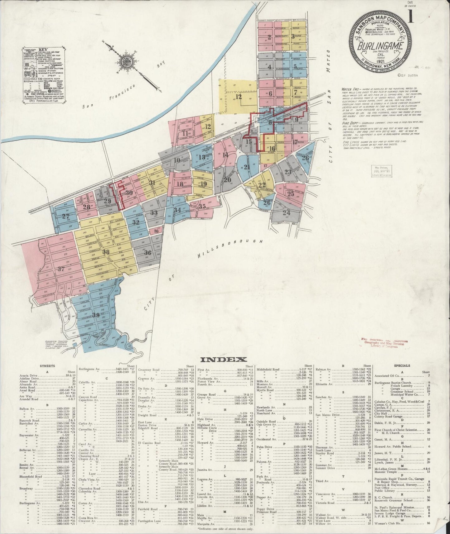 Sanborn Fire Insurance Map from Burlingame, San Mateo County, California (1921), Sheet #0001 - Historic Sanborn Fire Insurance Map Print, vintage old map wall art, antique decor, genealogy gift, California California map