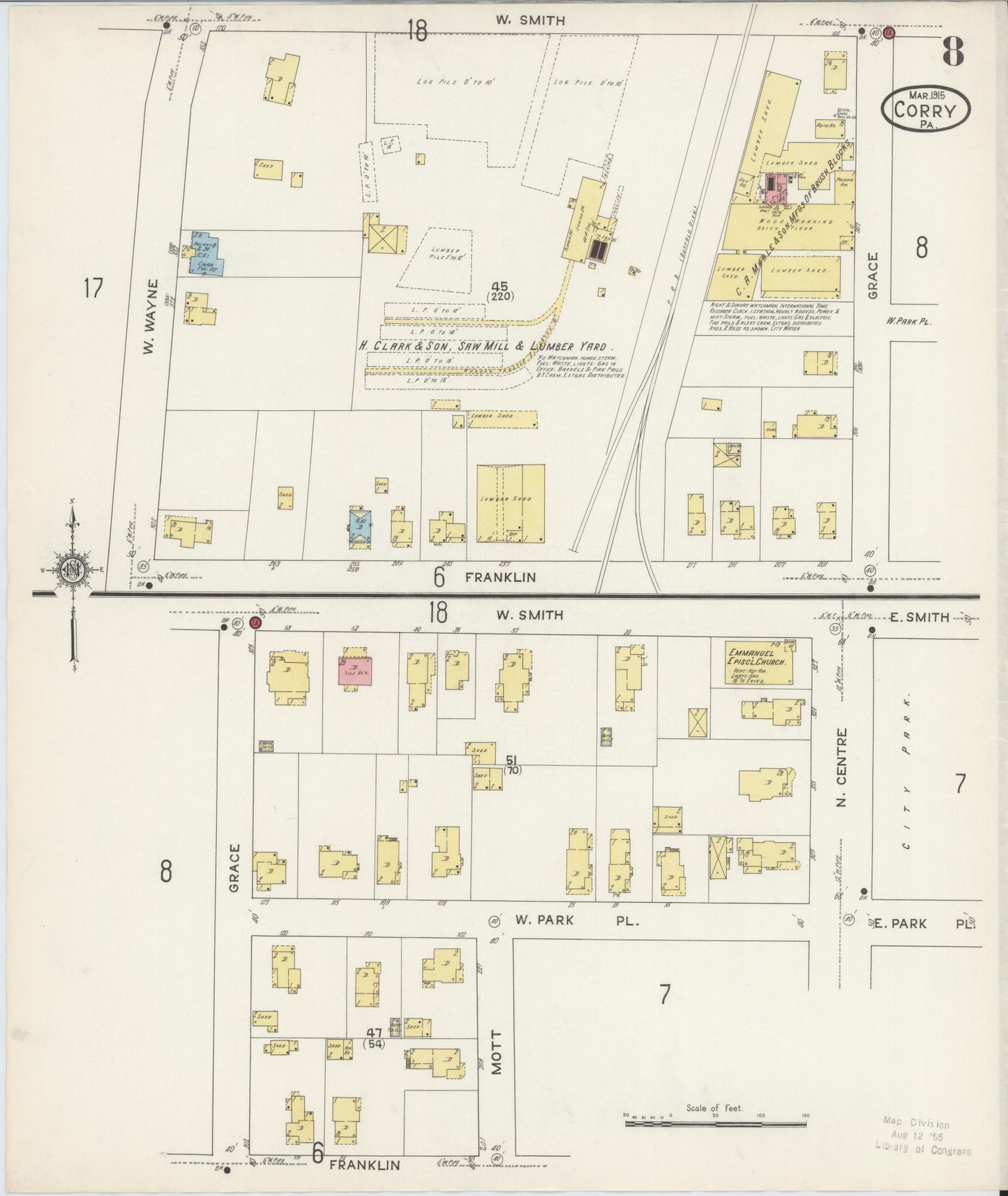 Sanborn Fire Insurance Map from Corry, Erie County, Pennsylvania (1915), Sheet #0008 - Historic Sanborn Fire Insurance Map Print, vintage old map wall art, antique decor, genealogy gift, Pennsylvania Pennsylvania map