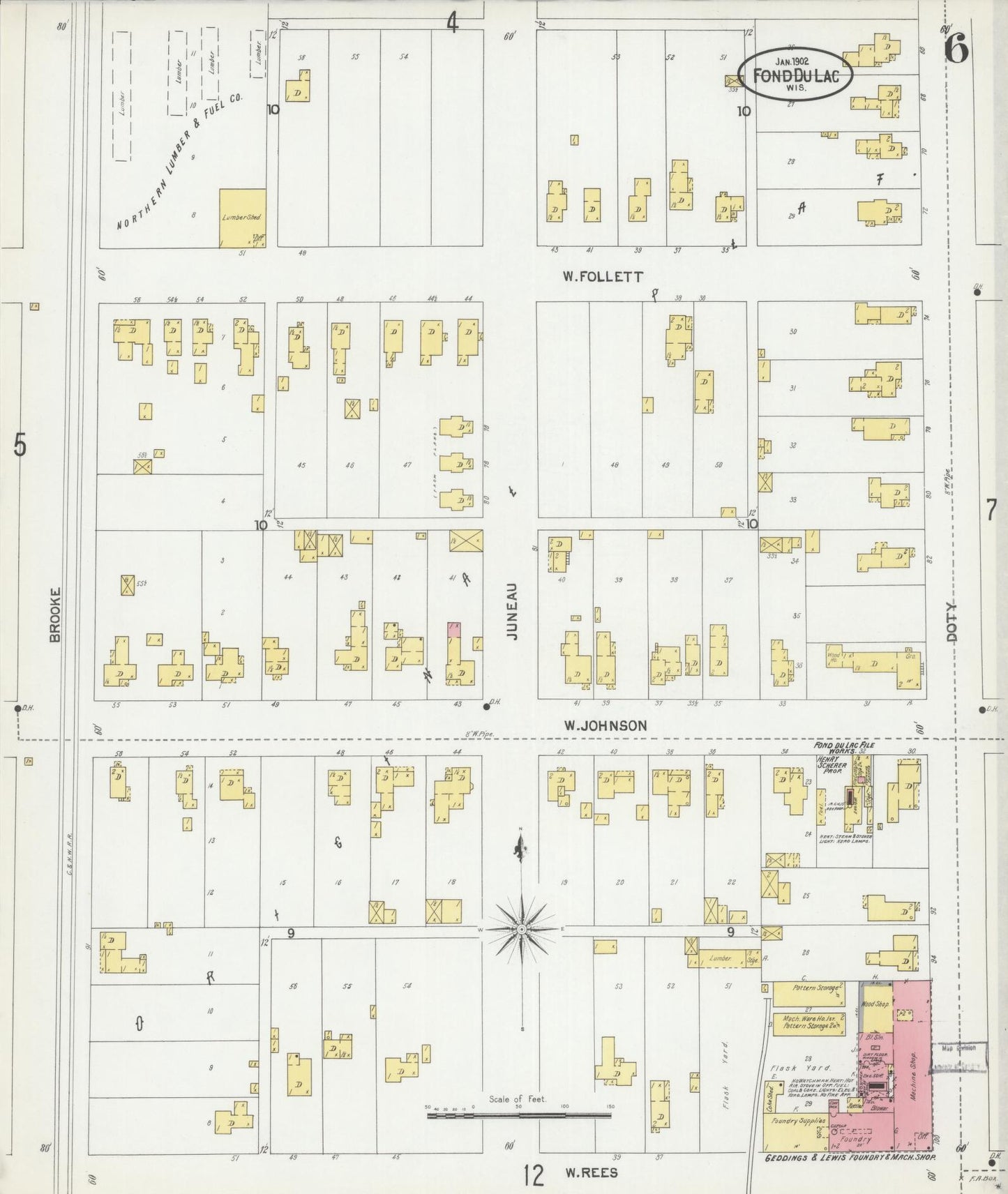 Sanborn Fire Insurance Map from Fond du Lac, Fond du Lac County, Wisconsin (1902), Sheet #0006 - Historic Sanborn Fire Insurance Map Print, vintage old map wall art, antique decor, genealogy gift, Wisconsin Wisconsin map