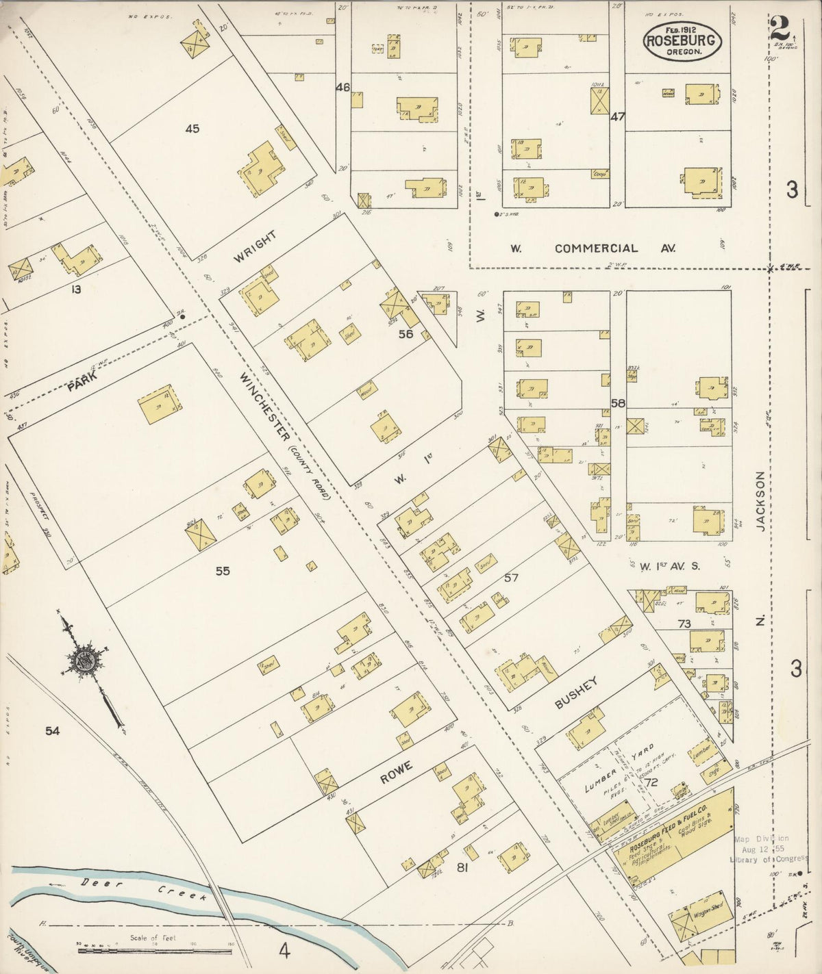 Sanborn Fire Insurance Map from Roseburg, Douglas County, Oregon (1912), Sheet #0002 - Historic Sanborn Fire Insurance Map Print, vintage old map wall art, antique decor, genealogy gift, Oregon Oregon map