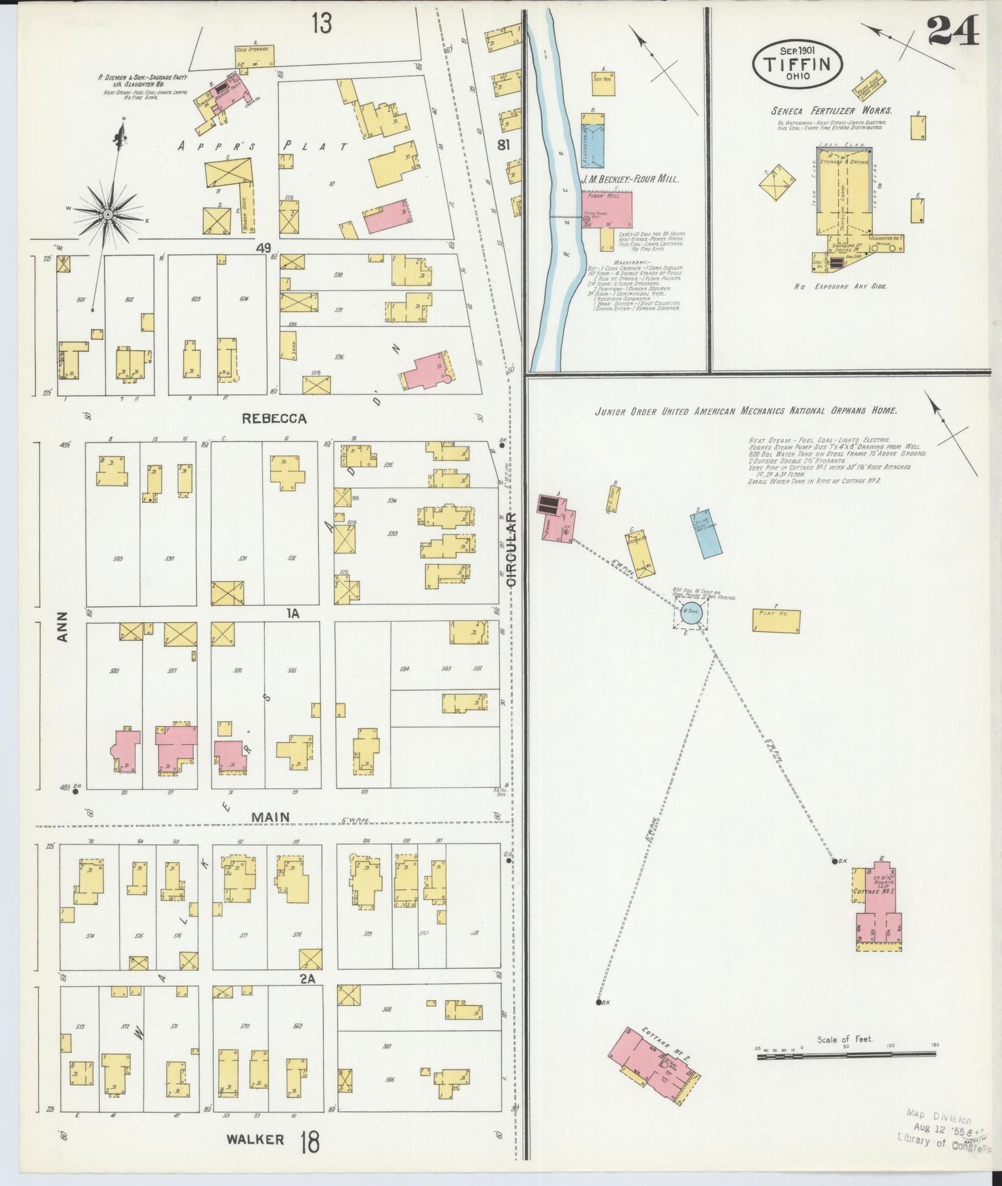 Sanborn Fire Insurance Map from Tiffin, Seneca County, Ohio (1901), Sheet #0024 - Historic Sanborn Fire Insurance Map Print, vintage old map wall art, antique decor, genealogy gift, Ohio Ohio map
