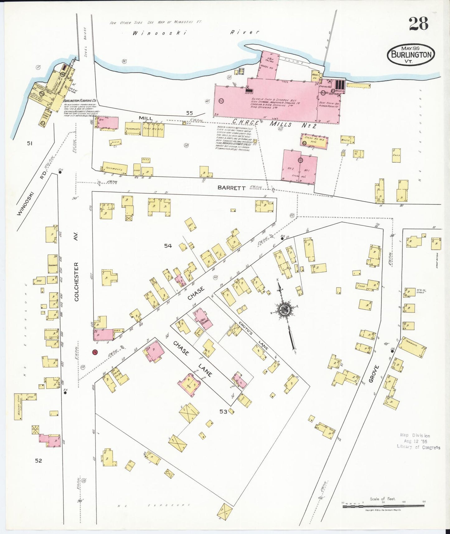 Sanborn Fire Insurance Map from Burlington, Chittenden County, Vermont (1919), Sheet #0028 - Historic Sanborn Fire Insurance Map Print, vintage old map wall art, antique decor, genealogy gift, Vermont Vermont map