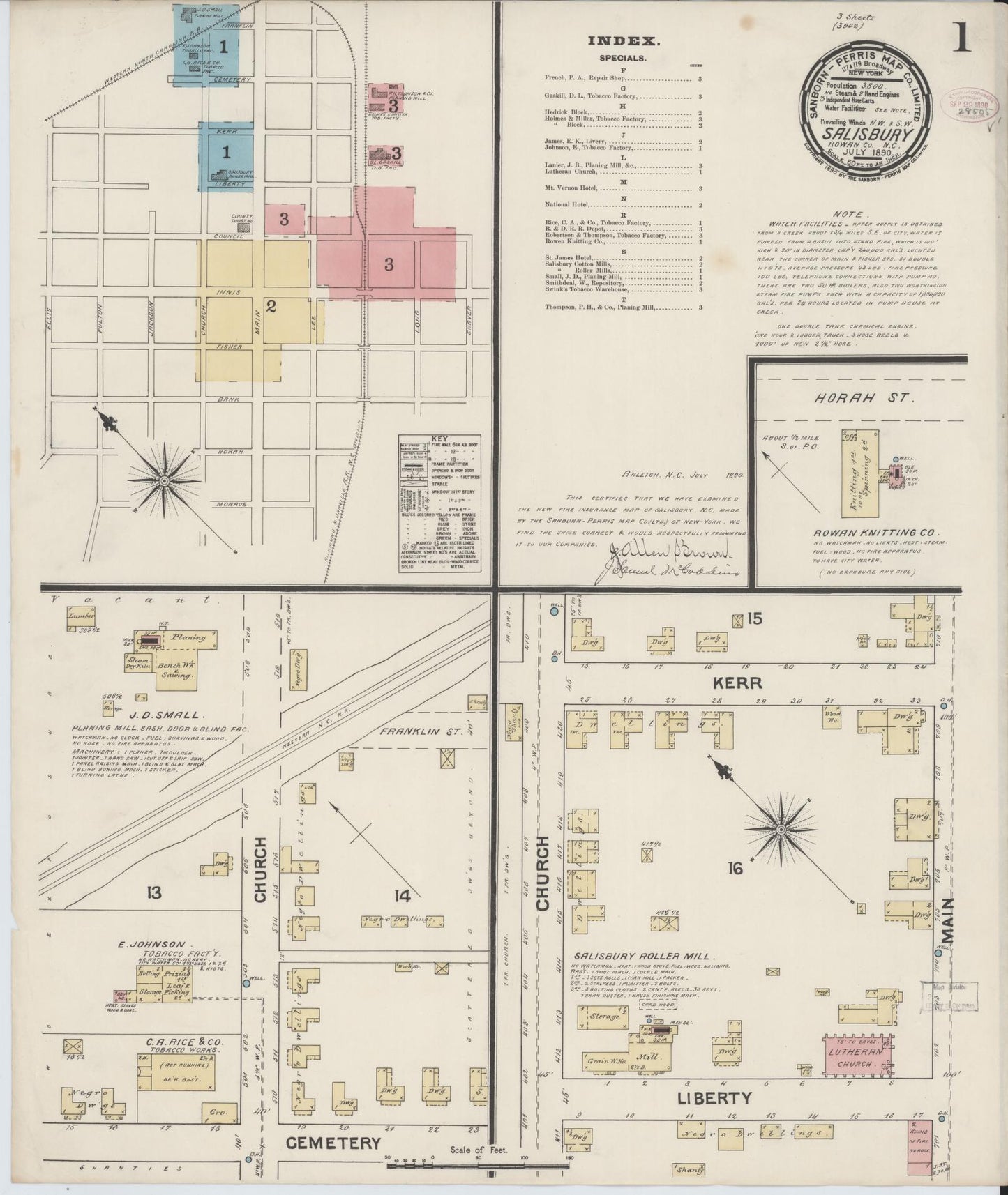 Sanborn Fire Insurance Map from Salisbury, Rowan County, North Carolina (1890), Sheet #0001 - Historic Sanborn Fire Insurance Map Print, vintage old map wall art, antique decor, genealogy gift, North Carolina North Carolina map