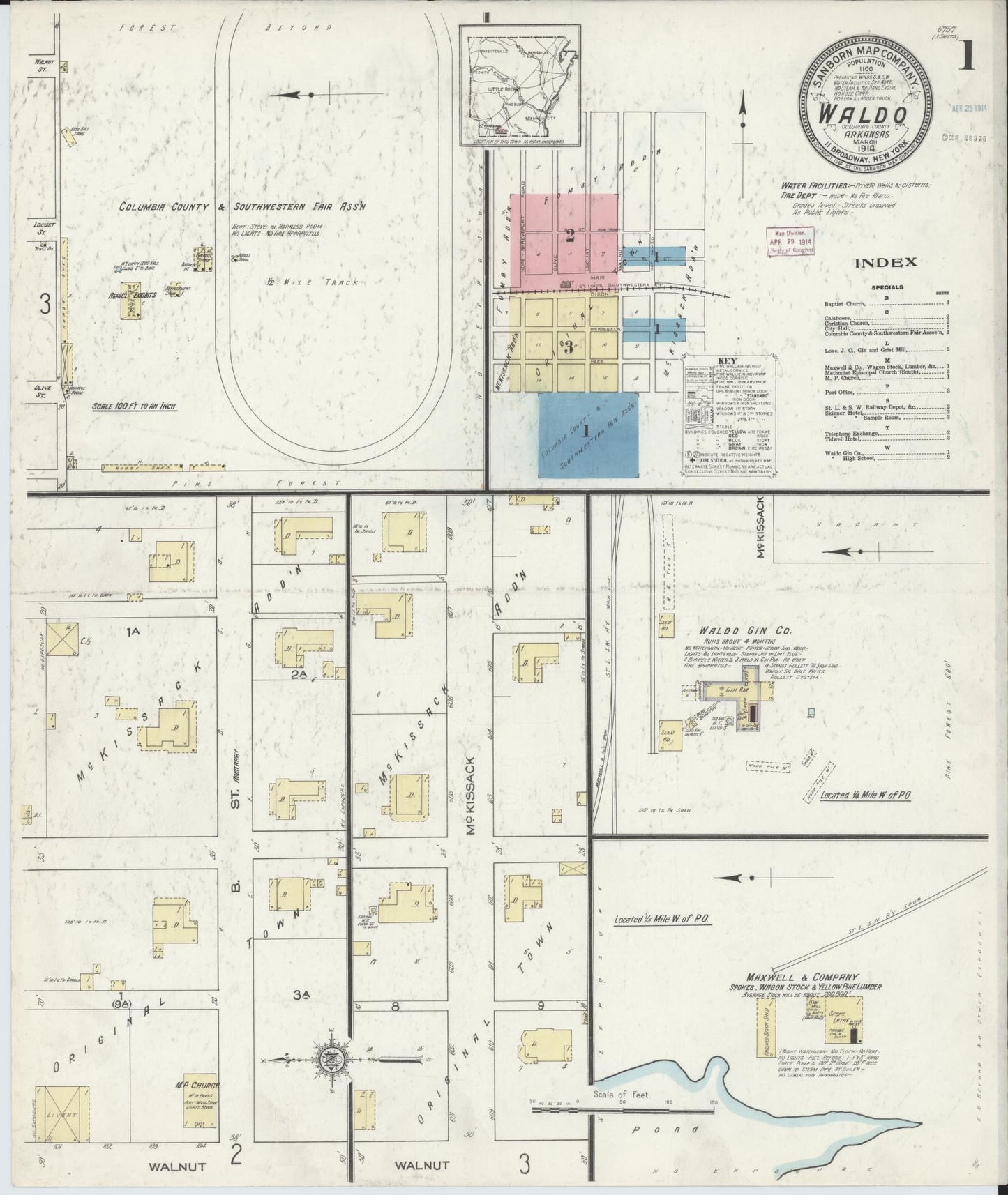 Sanborn Fire Insurance Map from Waldo, Columbia County, Arkansas (1914), Sheet #0001 - Historic Sanborn Fire Insurance Map Print, vintage old map wall art, antique decor, genealogy gift, Arkansas Arkansas map