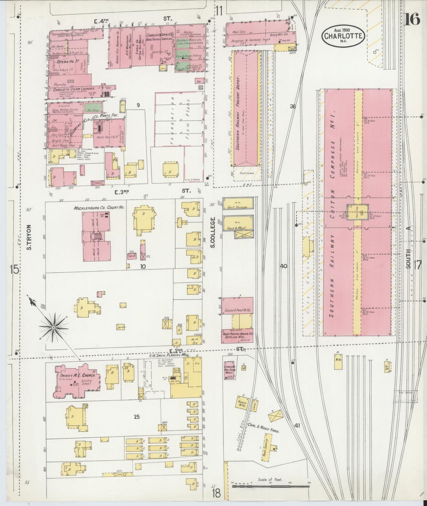 Sanborn Fire Insurance Map from Charlotte, Mecklenburg County, North Carolina (1900), Sheet #0016 - Historic Sanborn Fire Insurance Map Print, vintage old map wall art, antique decor, genealogy gift, North Carolina North Carolina map