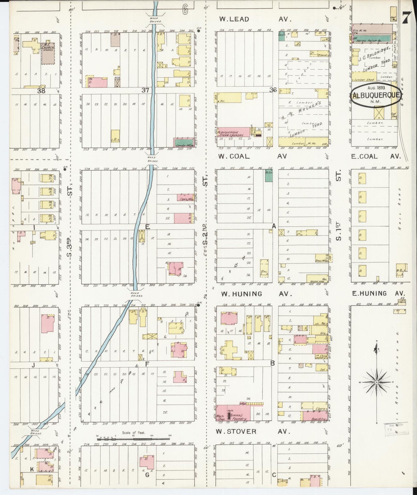 Sanborn Fire Insurance Map from Albuquerque, Bernalillo County, New Mexico (1893), Sheet #0007 - Historic Sanborn Fire Insurance Map Print, vintage old map wall art, antique decor, genealogy gift, New Mexico New Mexico map