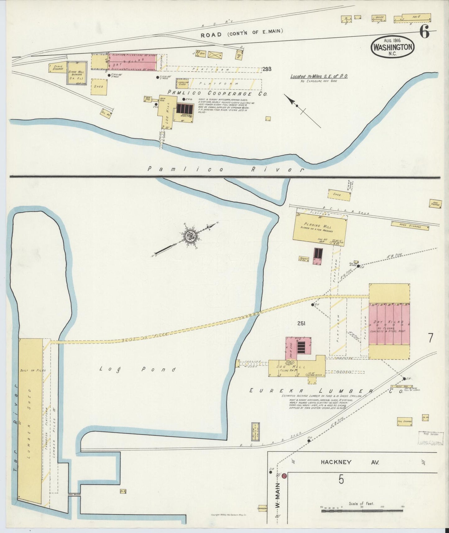 Sanborn Fire Insurance Map from Washington, Beaufort County, North Carolina (1916), Sheet #0006 - Historic Sanborn Fire Insurance Map Print, vintage old map wall art, antique decor, genealogy gift, Washington Washington map